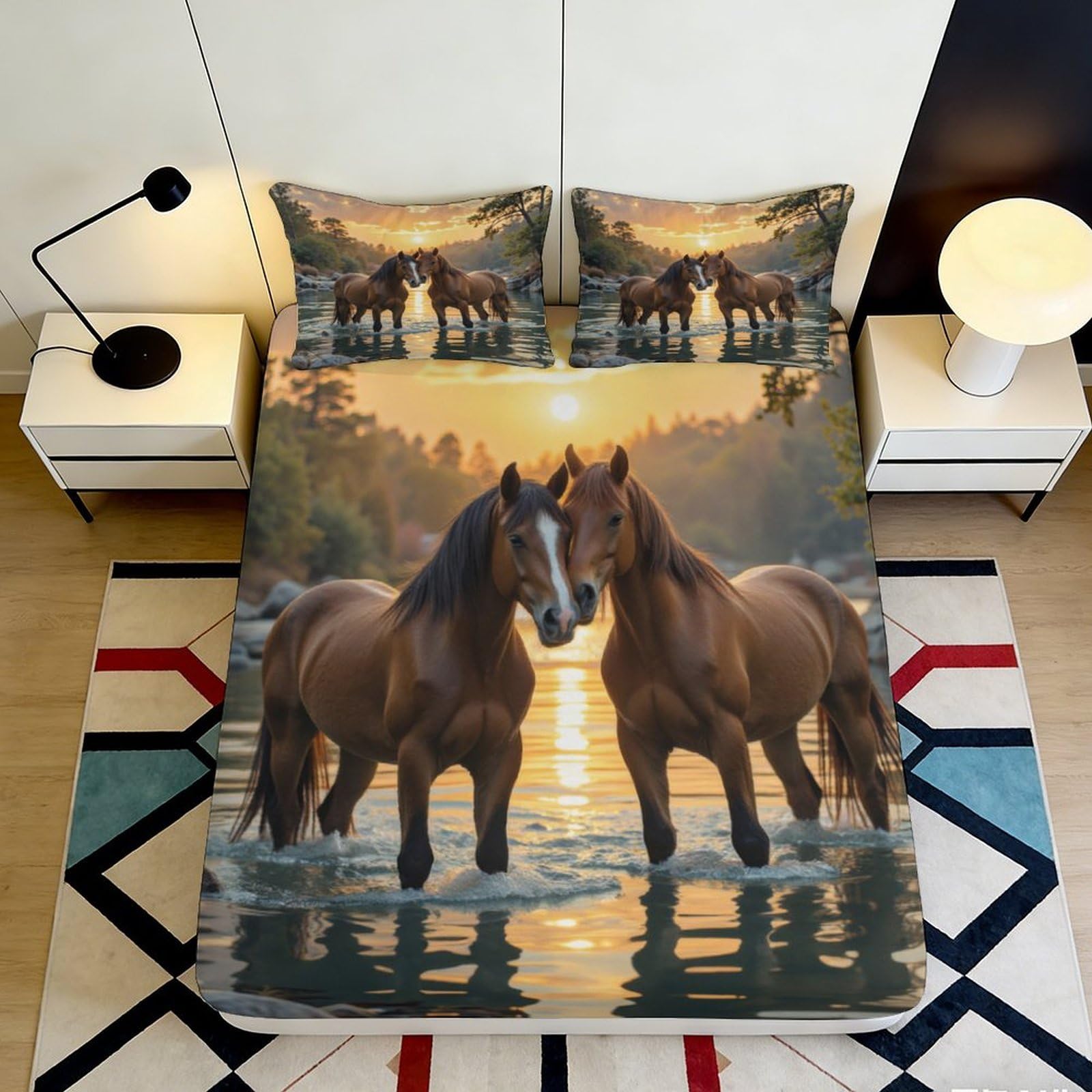 3D Printed Wild Horse Fitted Sheet Microfiber Soft Brown Sunset River Mattress Cover for Bedroom Guest Room Decor 90x200x25cm