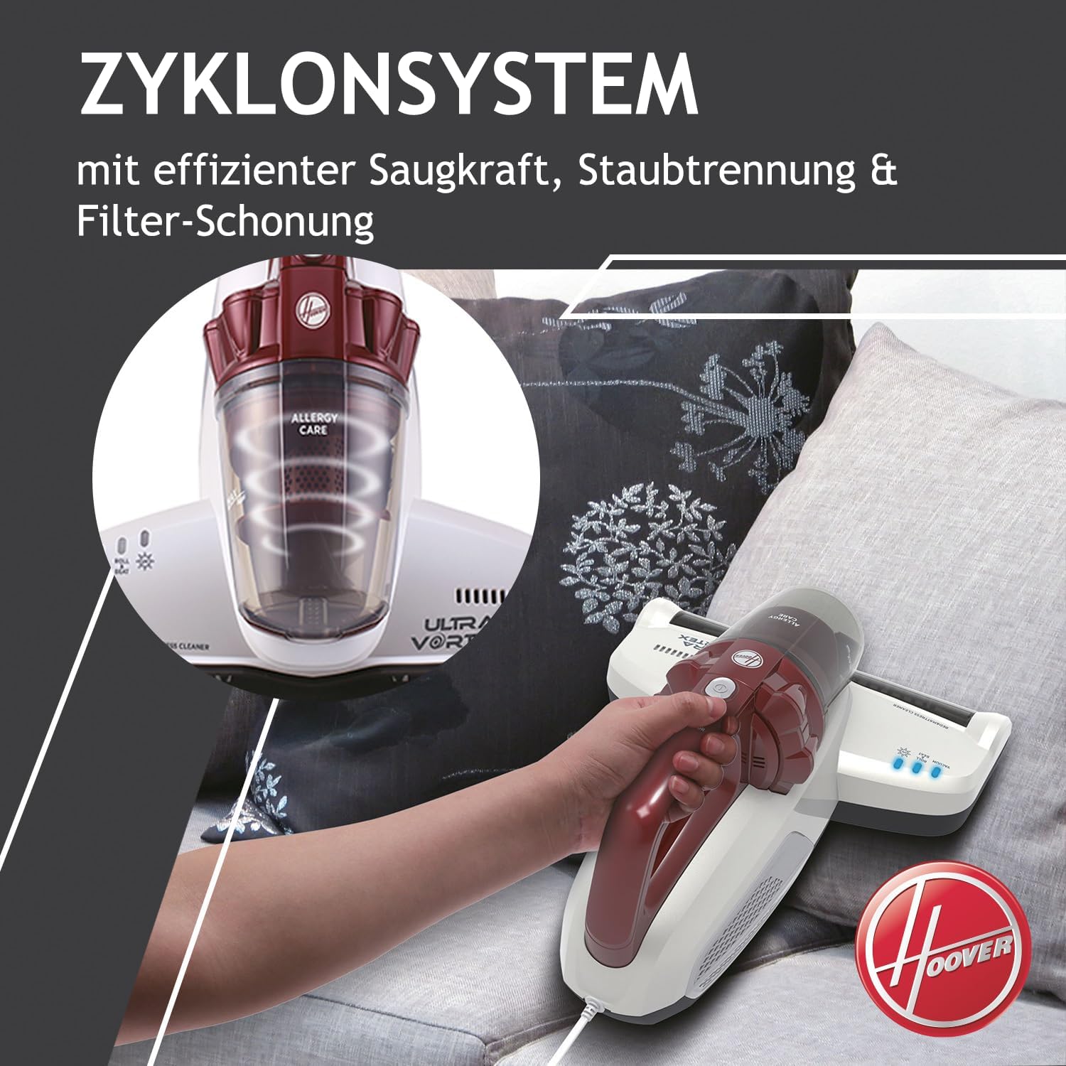 Hoover MBC500 Milbensauger mit UV-Licht, bekämpft Bettwanzen – 3in1 Matratzensauger entfernt 99,9% Bakterien, Allergene, Staub-Milben von Sofas, Polster – Matratzenreiniger für Allergiker