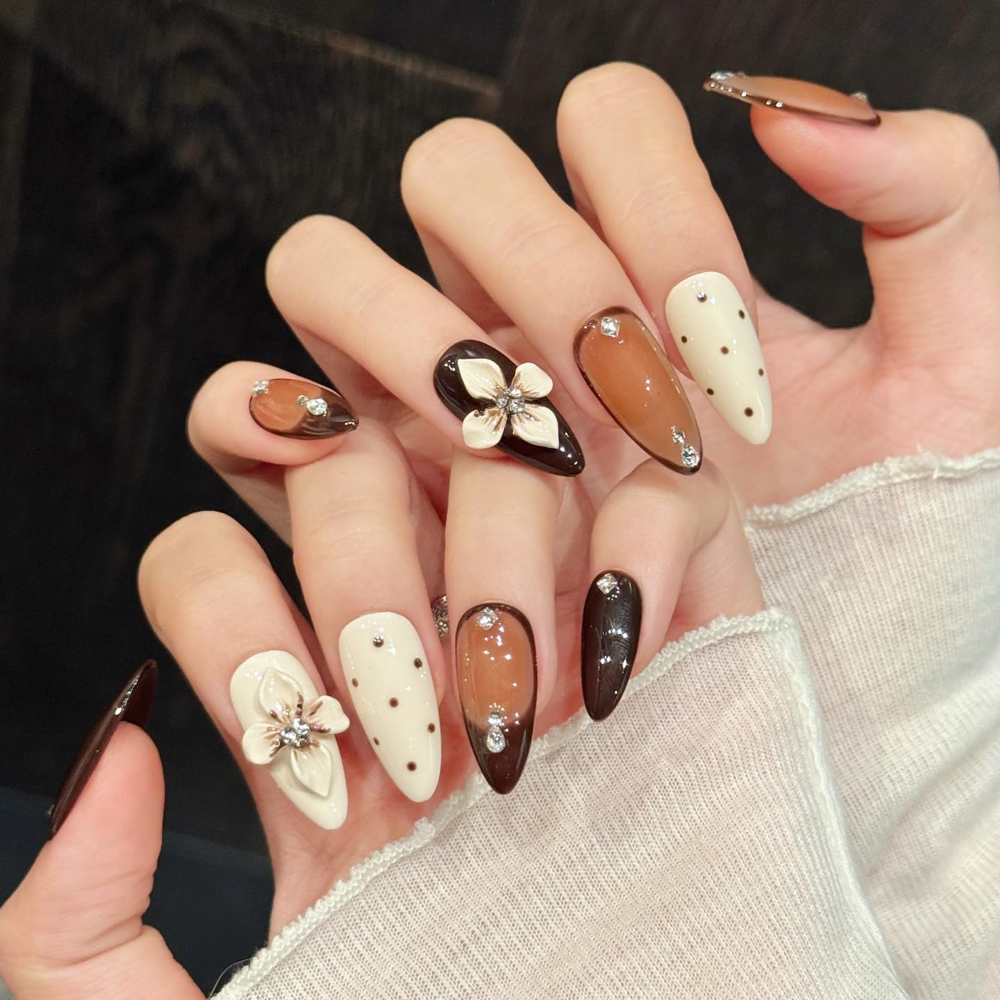 handmade nails press on Salon Quality fish starfish flower orange cherry pearl Reusable almond hand-painted gentle acrylic 3D fake nails designed kit,10 Nails, Size M #2914