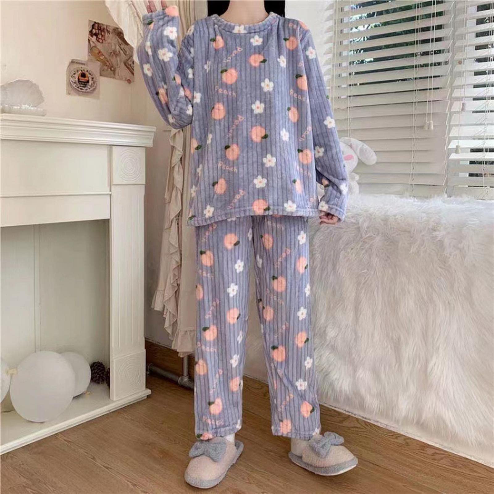 MOGSA Pijama para mujer, conjunto de pijama cálido para otoño e invierno, estampado de melocotón, ropa de dormir suave para mujer, conjunto de 2 piezas