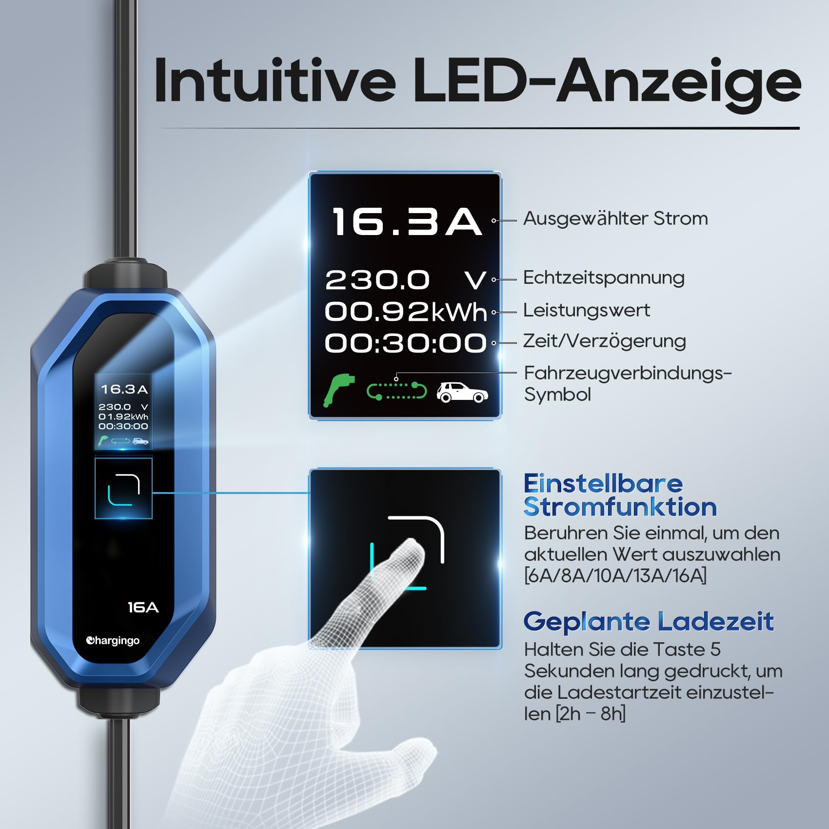 Cavo Ricarica Auto Elettrica Tipo 2 Schuko - 8m, 3.68kW, Controllo Via App