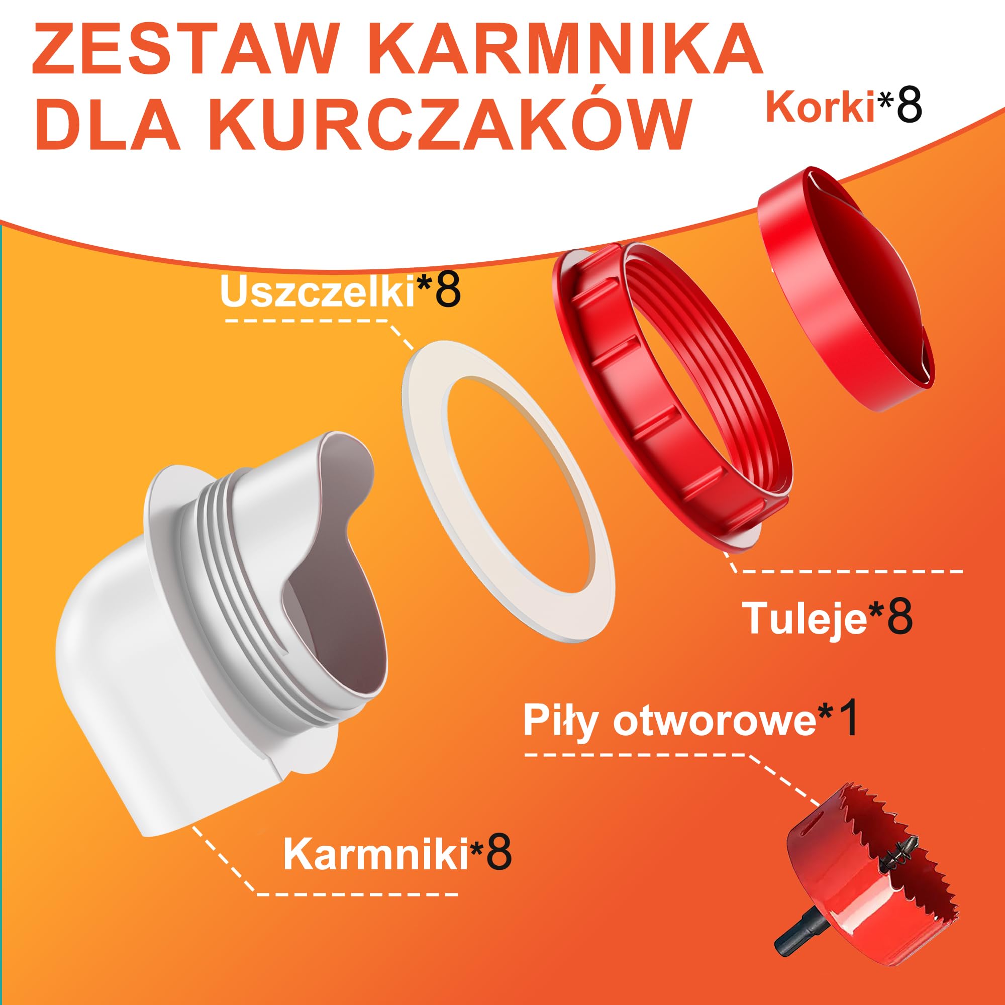 ZenxyHoC Karmniki dla kurczaków Bez odpadów, DIY Automatyczny karmnik dla drobiu 8 portów 1 piła otworowa z osłonami Zestaw podawania grawitacyjnego do wiader, beczek, pojemników, koryt