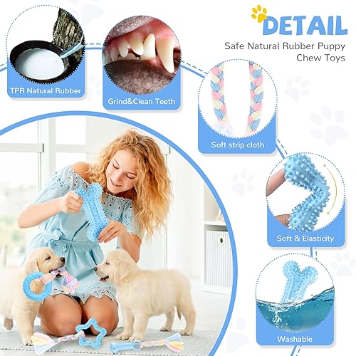 Miniatura 2 de BAEJMJK Paquete de 6 juguetes de dentición para cachorros, color azul, de raza pequeña, juguetes masticables con cuerda, juguetes chirriantes para