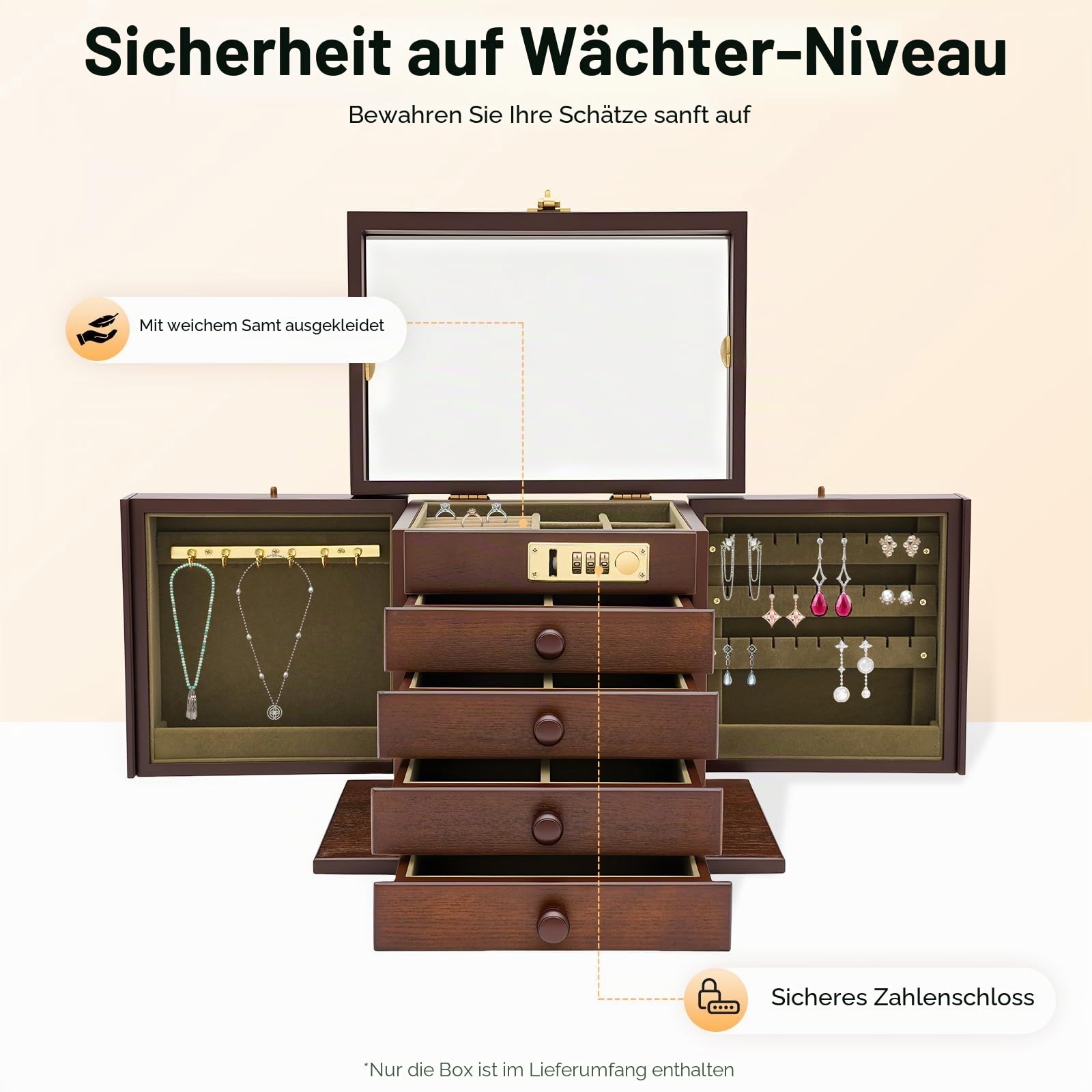 Schmuckkästchen Holz mit Spiegel, Schmuckaufbewahrung mit Schloss, 5 Ebenen