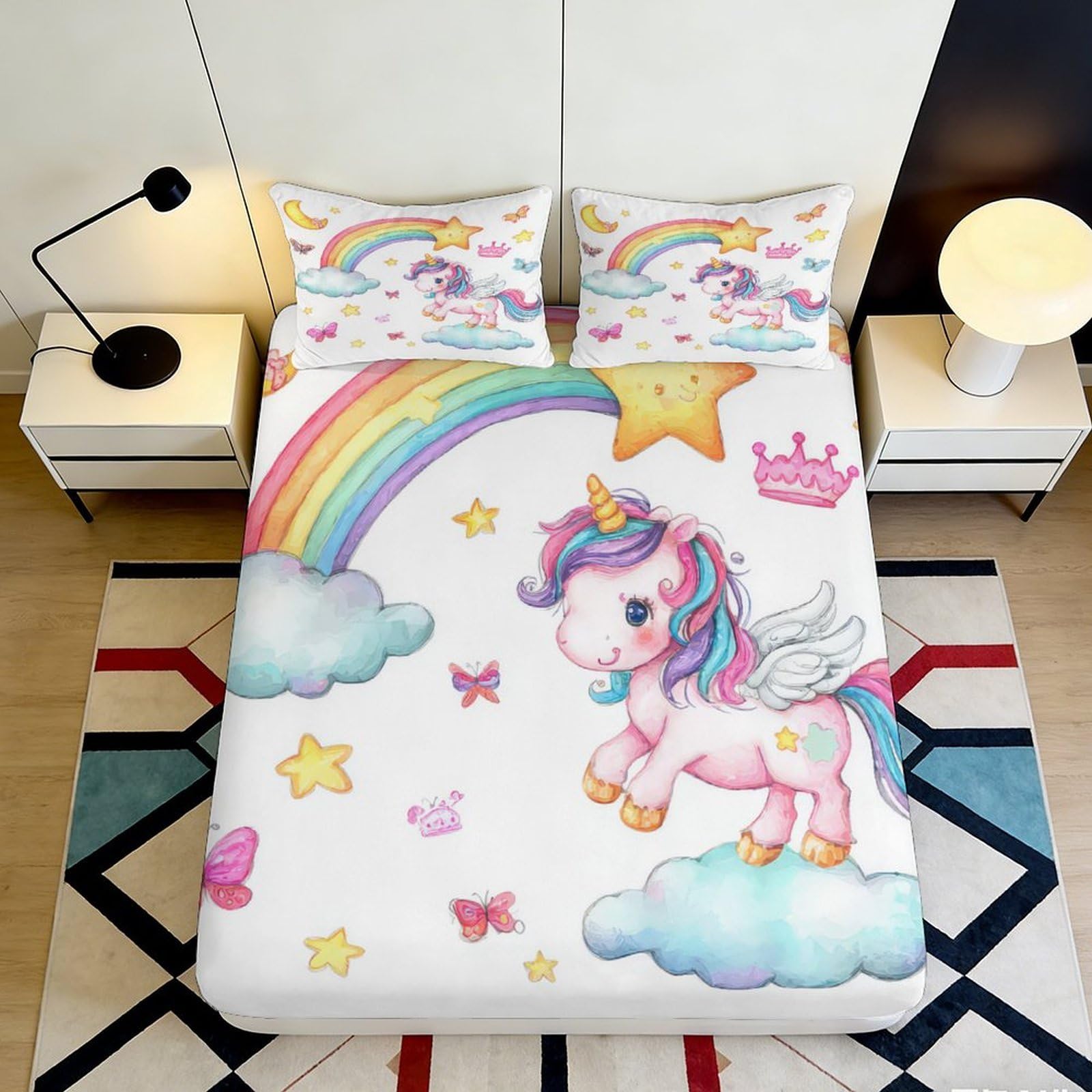 Dhbaneiok Style-9 3D Printed Rainbow Unicorn Fitted Sheet Microfiber Soft Pastel Clouds Bed Cover For Bedroom Guest Room Decor 90X200x25cm