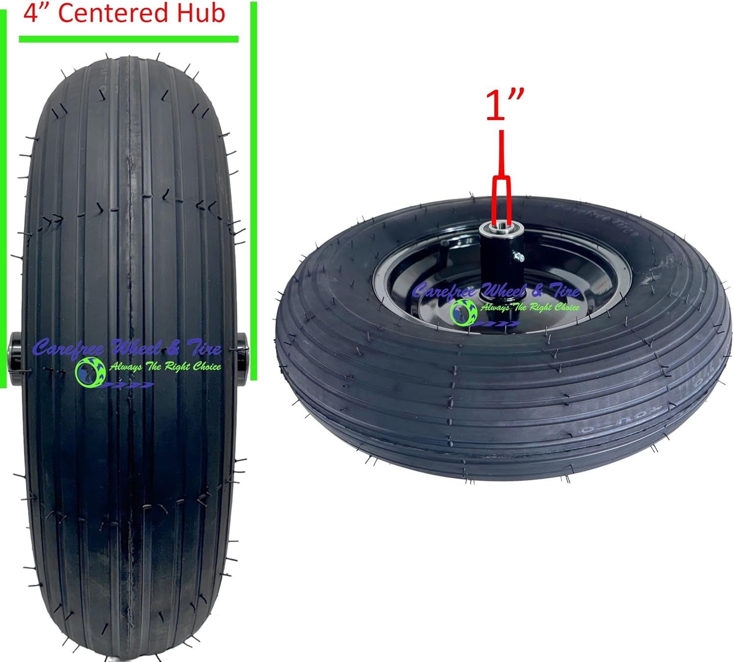 Carefree Wheeel & Tire 4.80/4.00-8 Pneumatic Wheelbarrow Wheel. Centered Hub and Choice of Bore Size (1 inch Bore, 4"" Centered Hub)