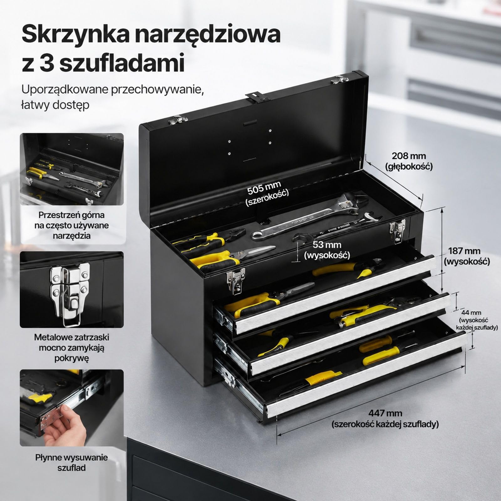 Skrzynka narzędziowa z 3 szufladami, wkładkami EVA, zamkiem, czarna powłoka proszkowa do garażu i warsztatu