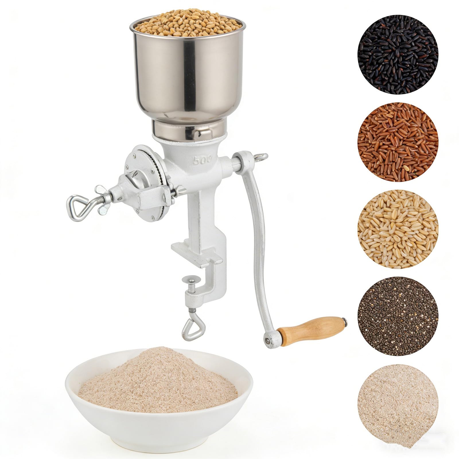 High Hopper Cast Iron Manual Grain Mill Heavy Duty Hand Crank Grinder for Wheat Grain Coffee Dry & Wet Grinding for Household and Commercial Use (Silver)