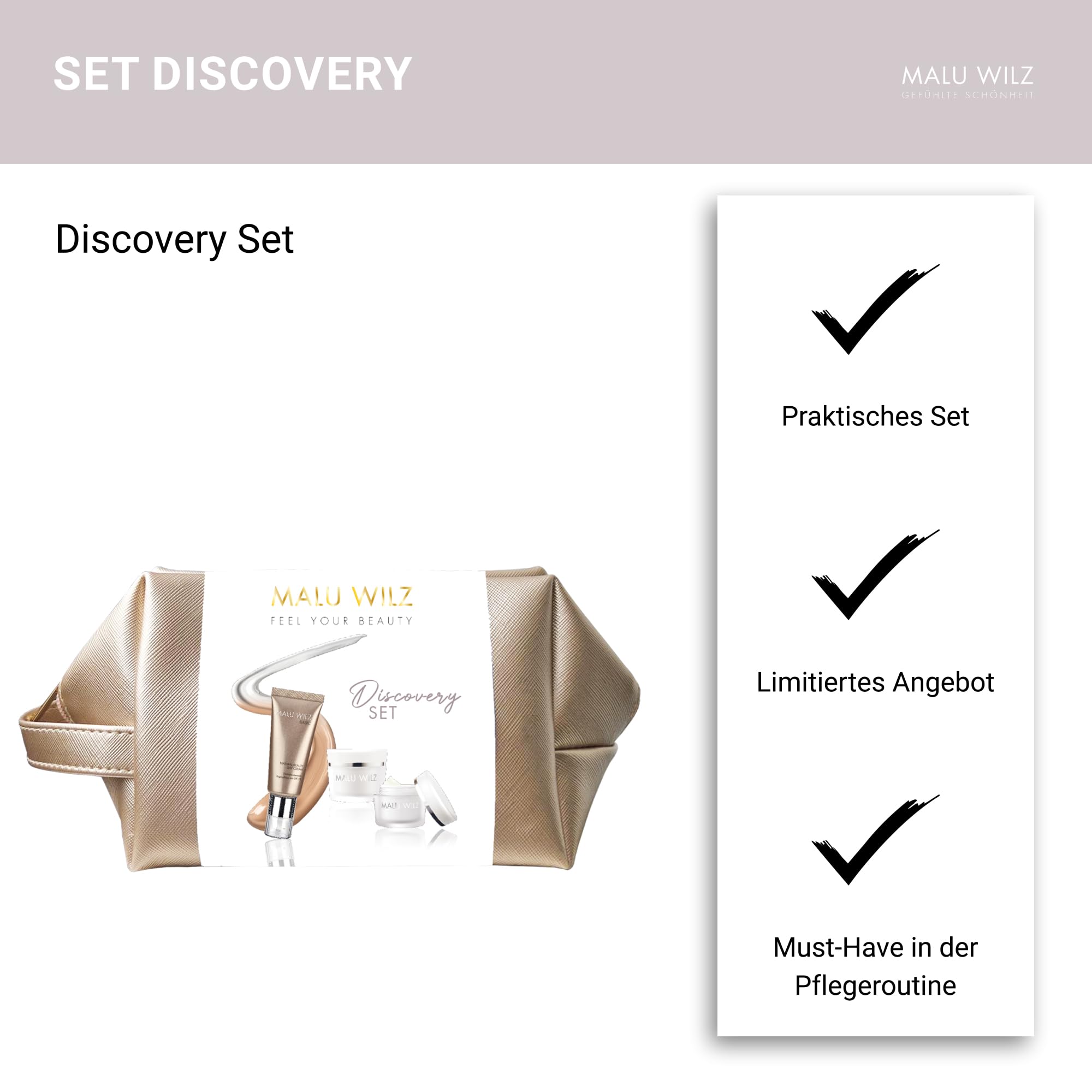 Malu Wilz Discovery Pflegeset - Beauty Set mit Q10 Energizer, Eye Control Cream und Natural Beauty Day Cream, Hochwirksame Gesichtspflege mit Anti Aging Effekt
