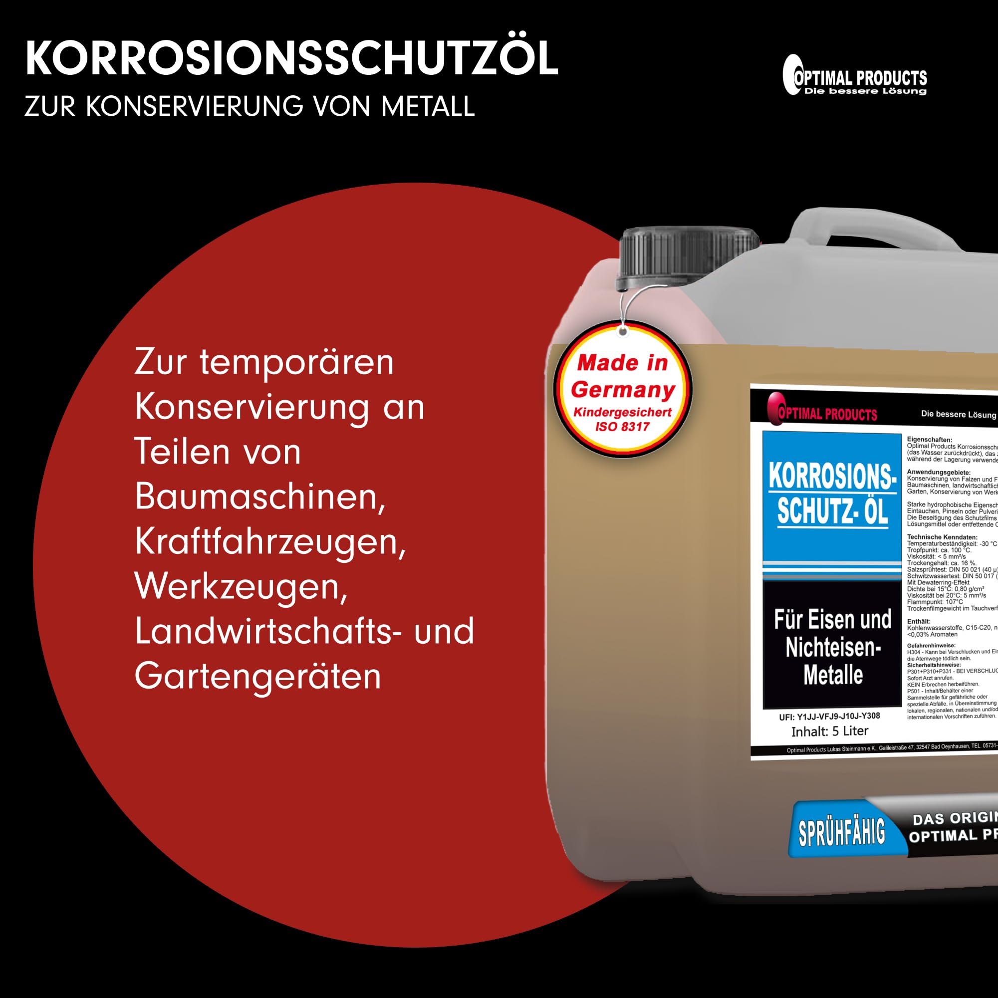 Optimal Products Korrosionsschutzöl 5l I Sprühöl Korrosionsschutz mit rosthemmender Wirkung I Bildet fest haftenden wasserabstoßenden Film I Schmieröl