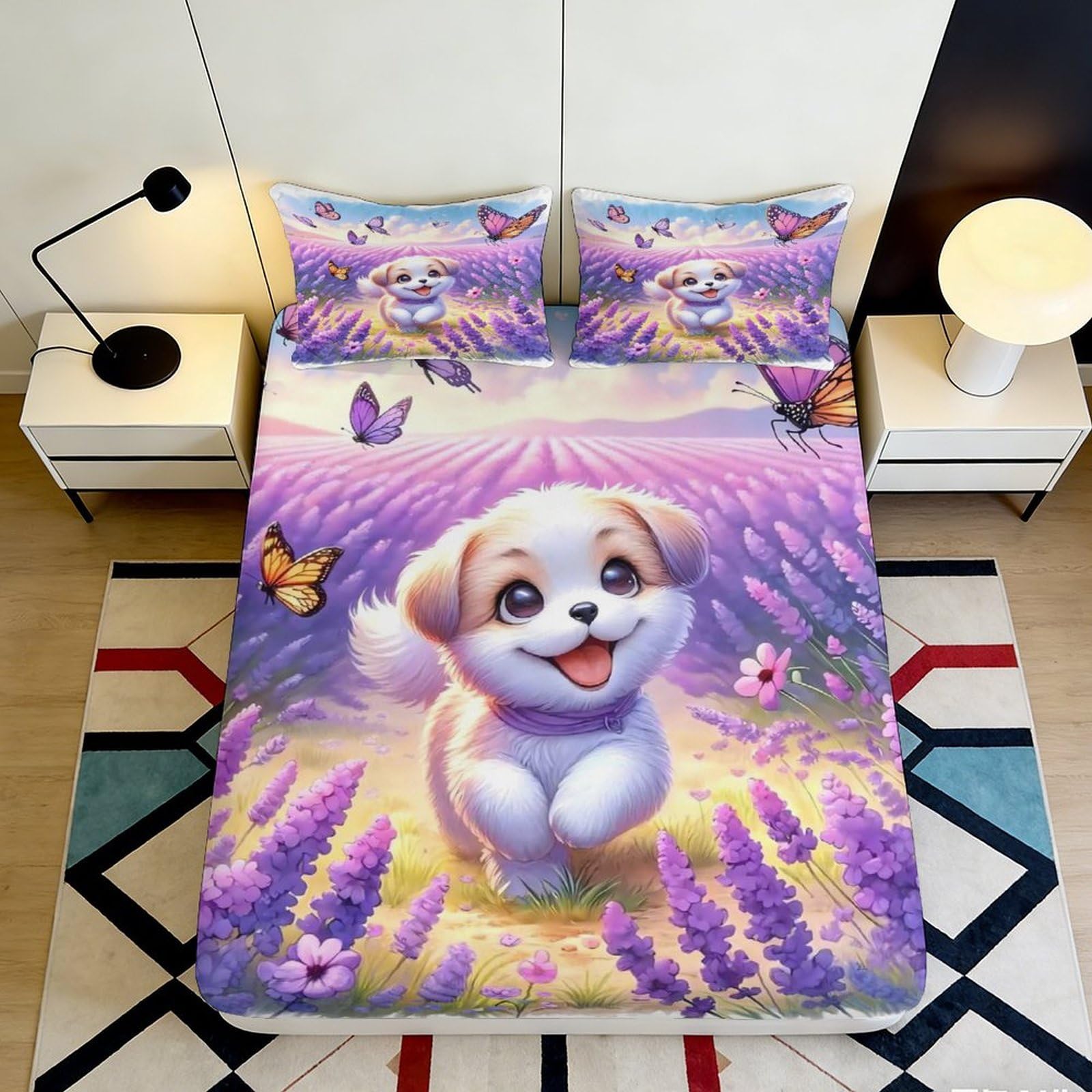Jqzkxnhpbr Style-10 3D Printed Lavender Meadow Fitted Sheet Microfiber Soft Puppy And Butterfly Bed Cover For Bedroom Dorm Mattress Decor 90X200x25cm