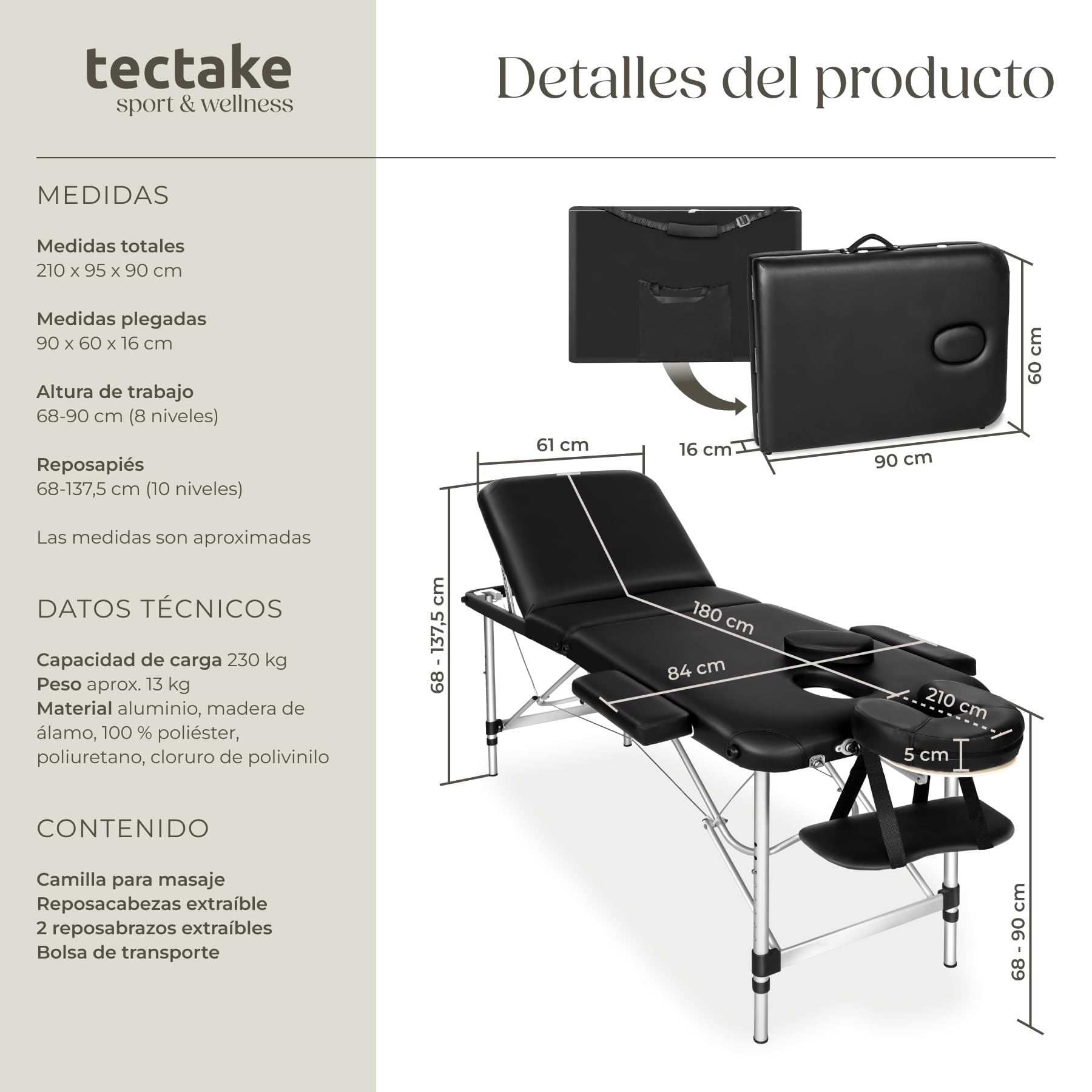 tectake Camilla de Masaje Mesa de Masaje Banco de Masaje en Aluminio 3 Zonas (Negro | No. 401045)