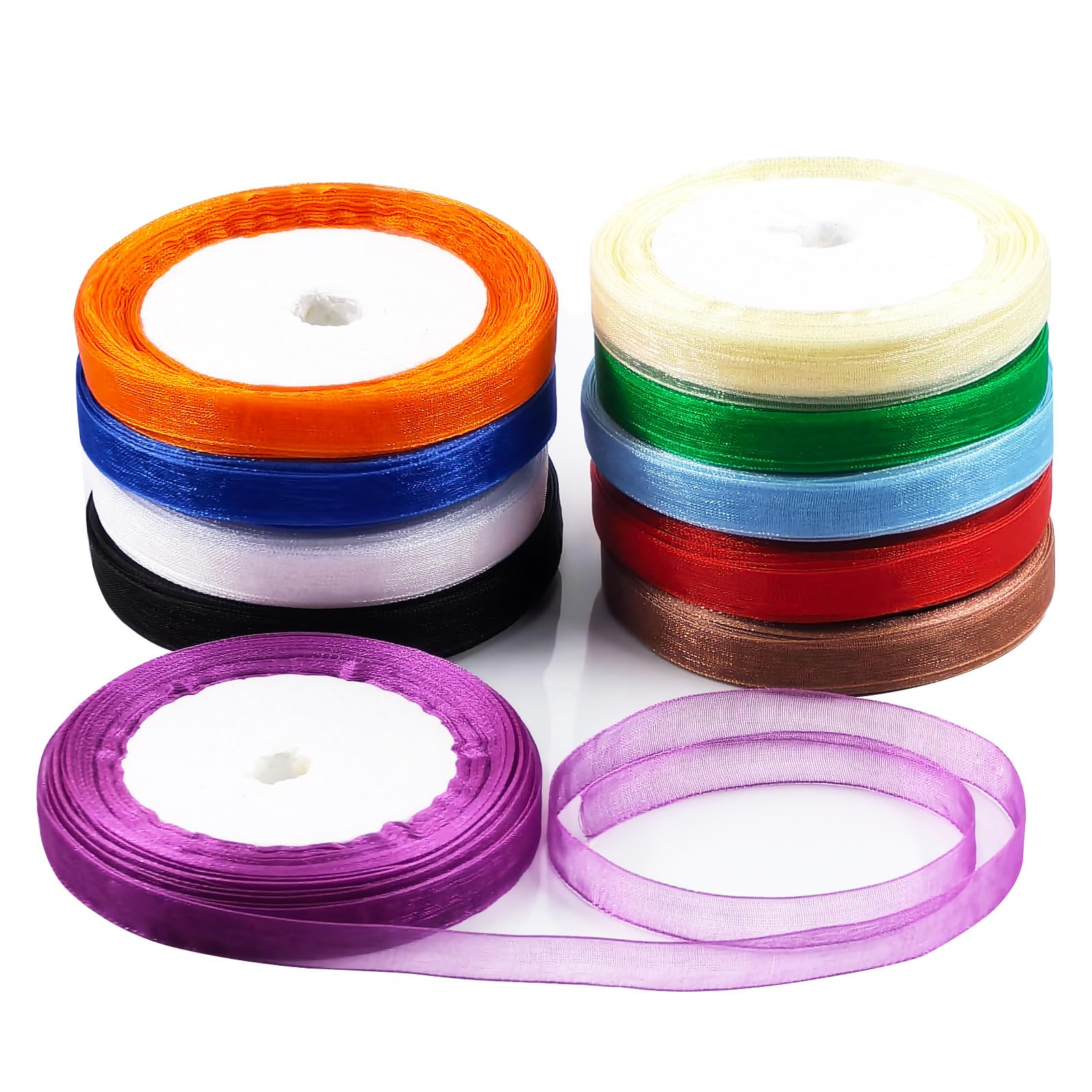 Swpeet 10 Rolls 50 Yards x 0.4 Inch Multicolor Shimmer Sheer Fabric Ribbons Organza Ribbon Assortment Kit, Transparent Sheer Ribbon Chiffon Fabric Ribbons for Bouquets Wedding Birthday Decoration