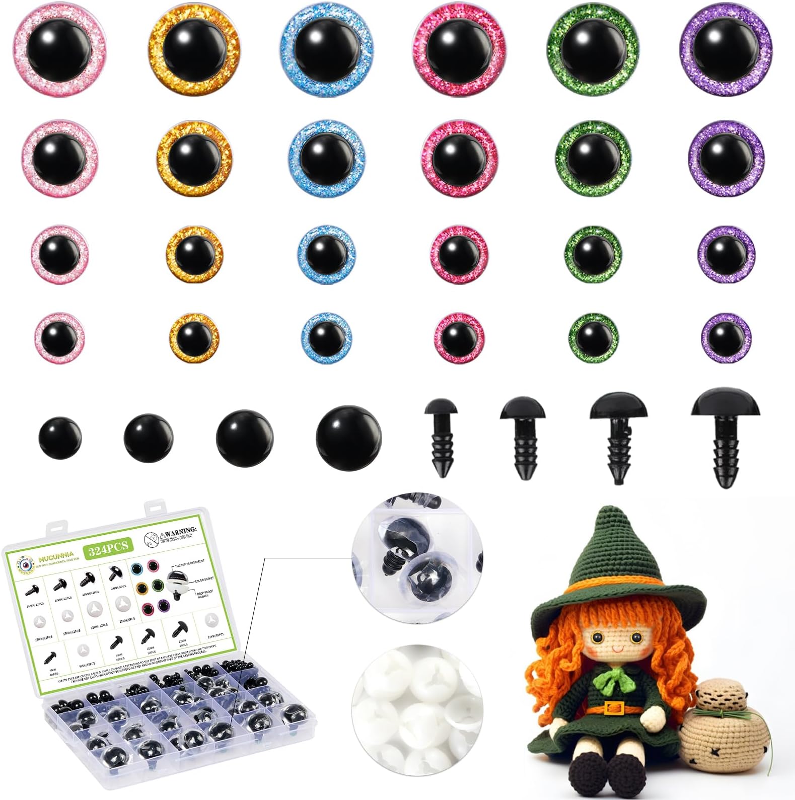 – Upgraded Glitter Safety Eyes 324 Pcs 6-24mm Safety Eyes for Crocheting with Washers Large Safety Eyes for Amigurumi Plastic Crochet Eyes for Stuffed Animals Valentine's Day Decorations