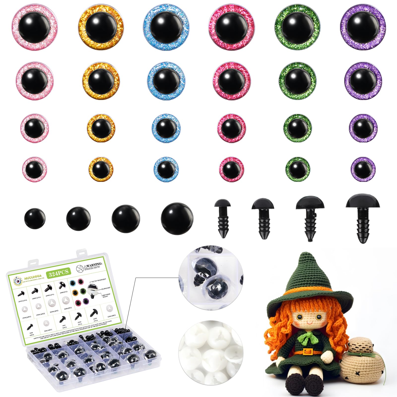 Upgraded Glitter Safety Eyes 324 Pcs 6-24mm Safety Eyes for Crocheting with Washers Large Safety Eyes for Amigurumi Plastic Crochet Eyes for Stuffed Animals Valentine's Day Decorations