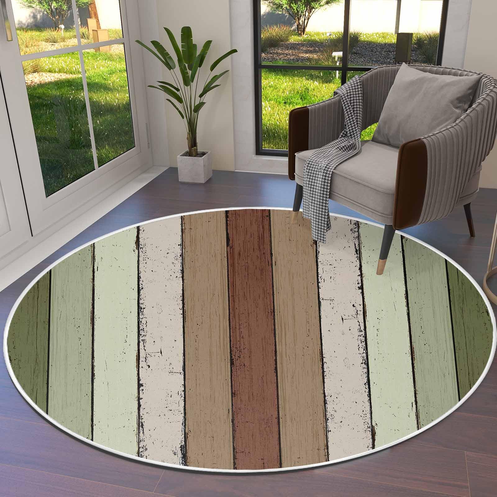 Sage Green Brown Wooden Round Area Rug 4ft,Vintage Rustic Farmhouse Wood Plank Washable Indoor Carpet Runner Rug for Bedroom,Kitchen,Bathroom,Living/