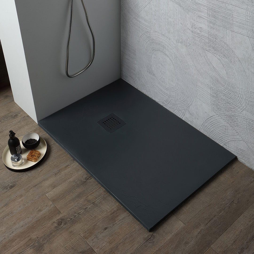 KIAMAMI VALENTINA - 80cmx100cm Mineralguss- Einbauduschwanne, Steinoptik athrazitgrau | Muse