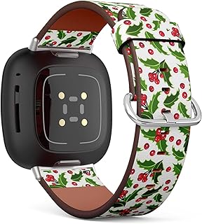 CJBROES Replacement Leather Watch Band, Compatible with Fitbit Versa 3 and Fitbit Sense of Wristband Bracelet Accessory - Christmas Holly