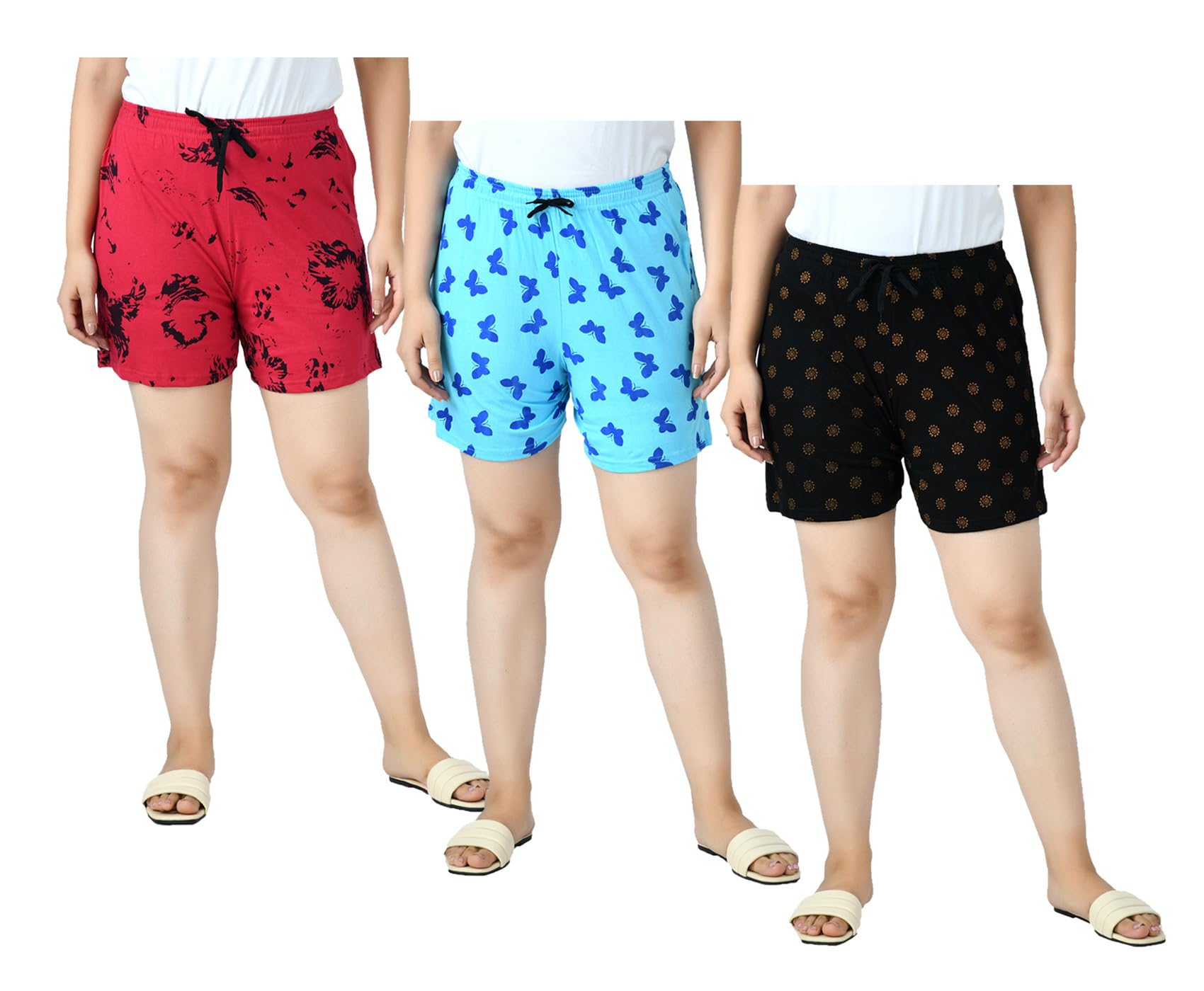 Pack of 3 Womens Cotton Printed Shorts with Drawstring Elastic Waist Comfortable Casual Summer Shorts Lightweight Breathable Lounge Shorts for Women-image-39