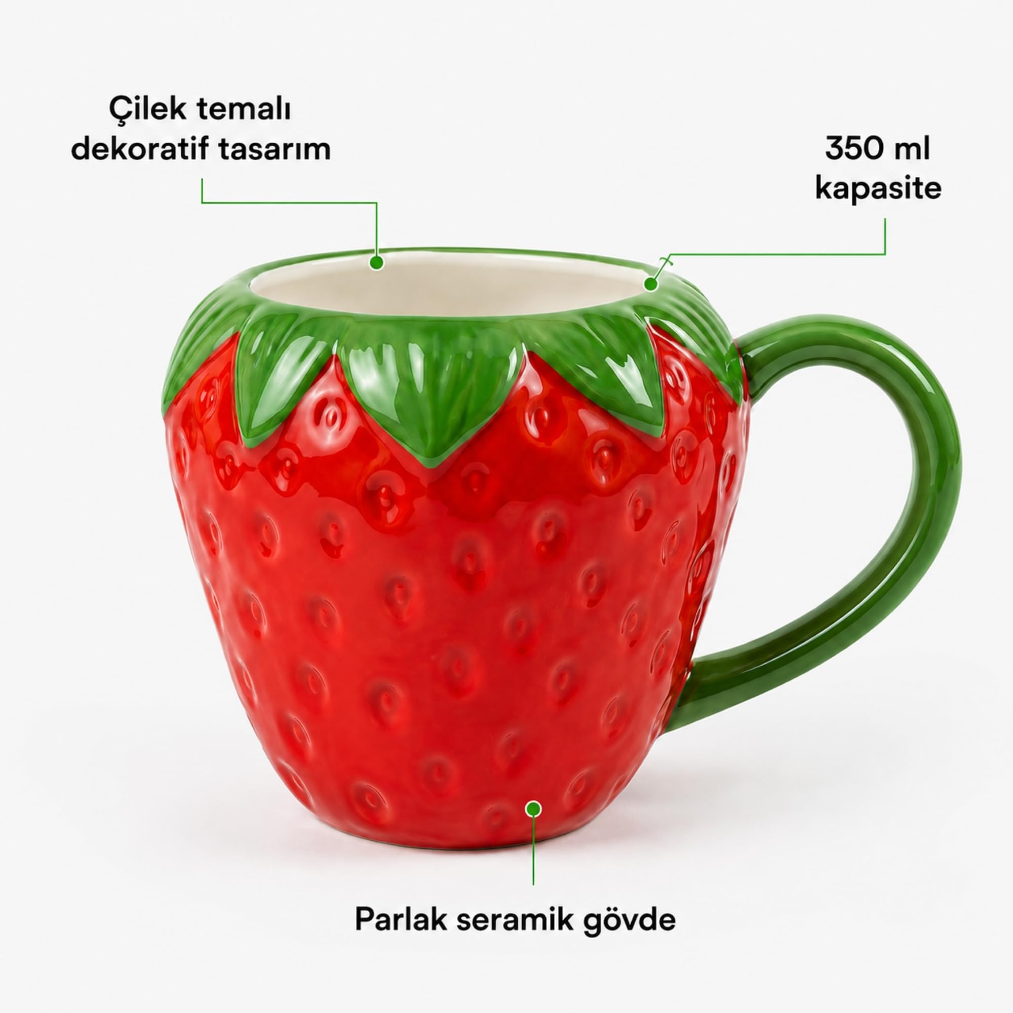 Calessier Çilek Tasarım Seramik Kupa Bardak, Büyük Boy Dekoratif Çilek Desenli Mug Kupa, Kahve, Çay ve Sıcak İçecekler İçin Günlük Kullanıma Uygun Şık Seramik Fincan