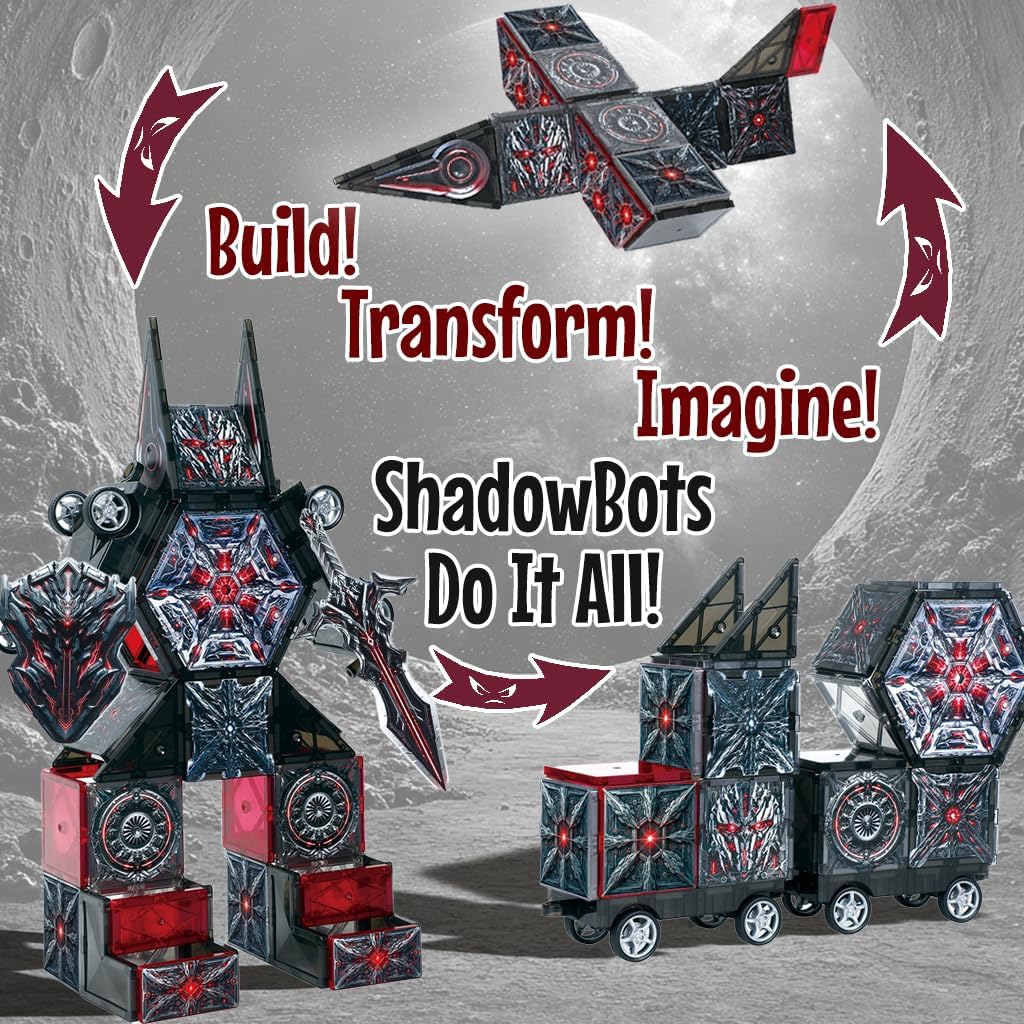 Little Pi ShadowBots Magnetic Tiles 58 PCS | Transform Robot Villain Building Set with Sword & Shield | STEM Toys for Kids Age 3 4 5 6 7 8
