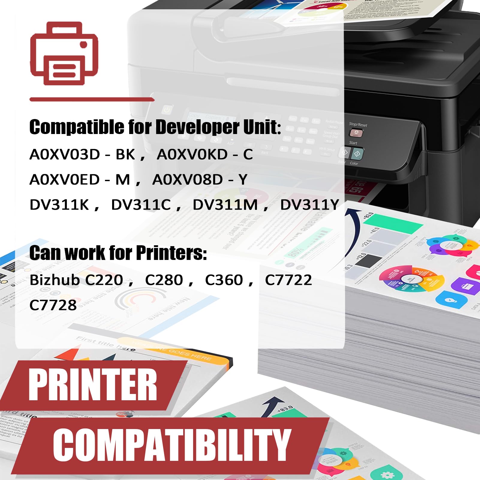 OVINDA DV311 Developer Unit Compatible for Konica Minolta DV-311 A0XV03D A0XV0KD A0XV0ED A0XV08D Developer Unit Work for Bizhub C220 C280 C360 C7722 C7728 Printers 1 Black Pack