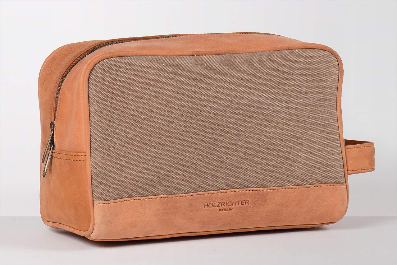 HOLZRICHTER Berlin - Kulturtasche aus Leder & Canvas für Damen & Herren (No-3-1), Kulturbeutel 15x25x13cm, Echtleder Waschtasche, Camel/Beige