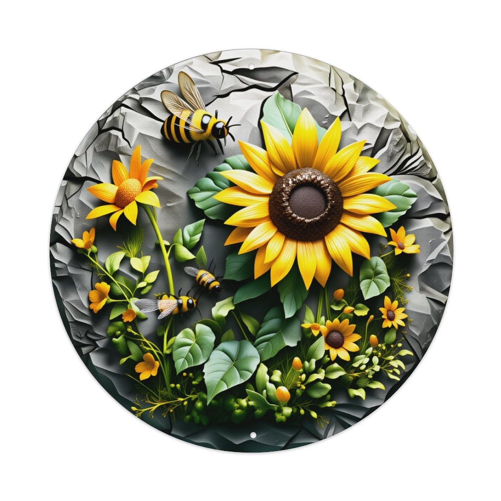Sunflower Bee Garden Nature Art Round Tin Sign Vintage Metal Poster Retro Bar, Home, Man Cave, Kitchen, Laundry Room Wall Art Decor Gift 8x8Inch