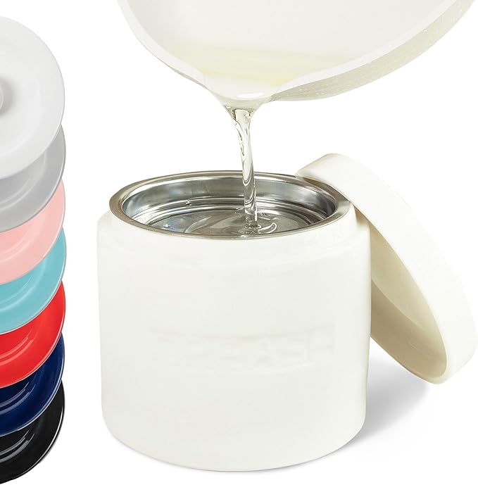 Ceramic Grease Container Keeper with Metal Stainless Steel Strainer and Lip for Easy Pour (Ivory)