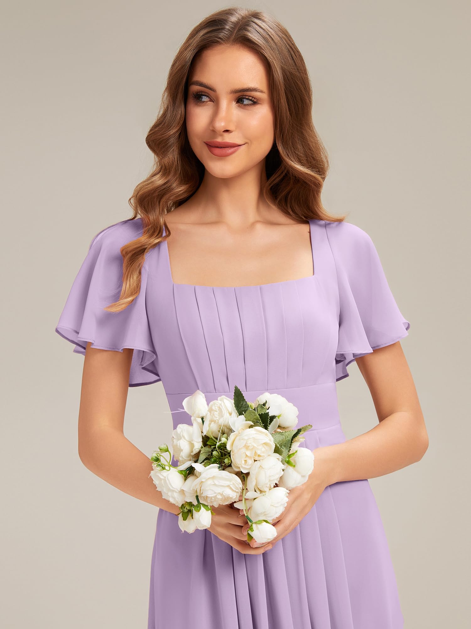 Ever-Pretty Abiti da Damigella Collo Quadrato Maniche Corte Chiffon Maxi Gonna Svasata ES02703