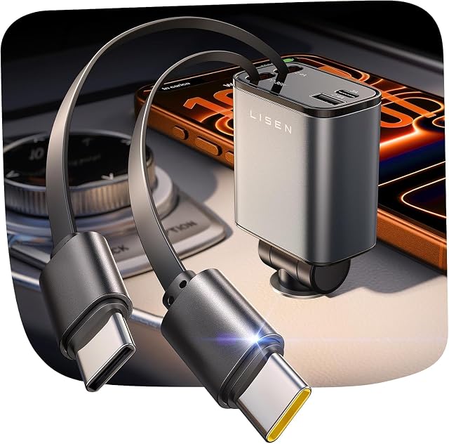 LISEN Retráctil Cargador Coche USB-C Carga Rápida PD45W Cargador Mechero | Coche Accesorios Camper Electrónicos Flash del Dia Gadgets 12/24V para iPhone 17 Pro Max Samsung Xiaomi iPad Kindle AirPods