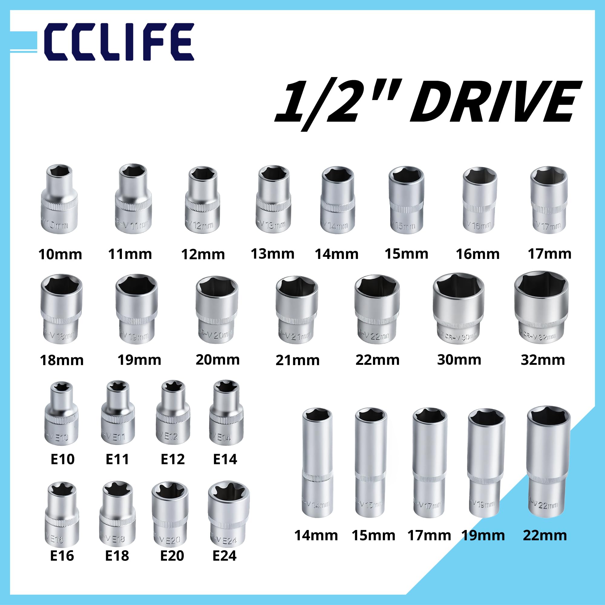 CCLIFE Set di chiavi a bussola da 110 pezzi, 1/4" e 1/2" con bussole, punte ed estensioni per casa e auto in robusta valigetta degli attrezzi