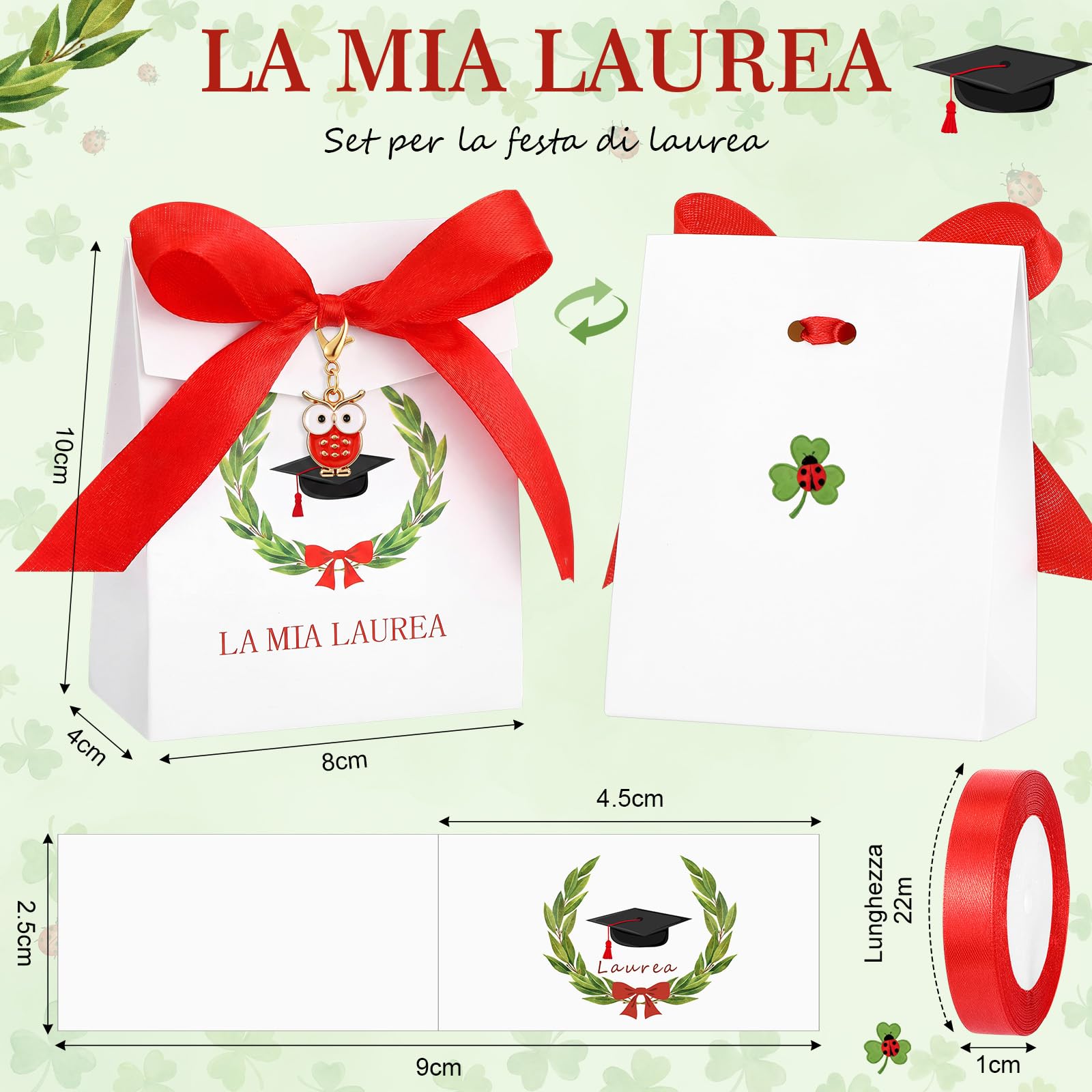 BBTO 50 Set Bomboniere Laurea per Festa con Scatoline Portaconfetti La Mia Laurea Portachiavi Gufo Portafortuna Bigliettini Nastro Rosso per Ospiti Cerimonia Festa Decorazioni Gadget Regalo
