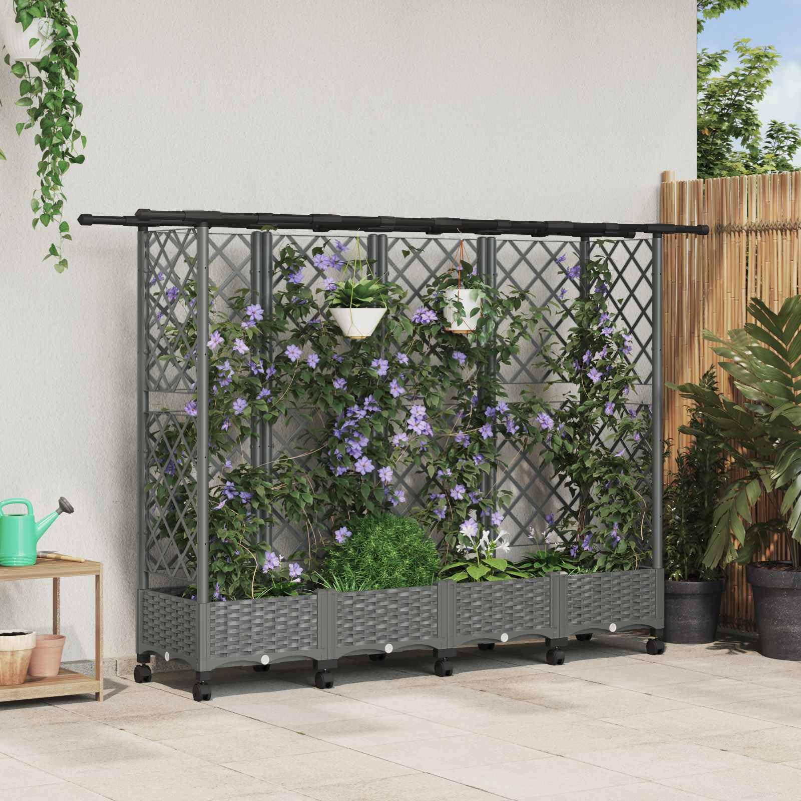 Podwyższona grządka z kratką dla roślin pnących i dachem wiszącym, jasnoszara, z polipropylenu, 202,5 x 40 x 127 cm, z otworem odpływowym i zatyczką, na balkon, taras, zioła