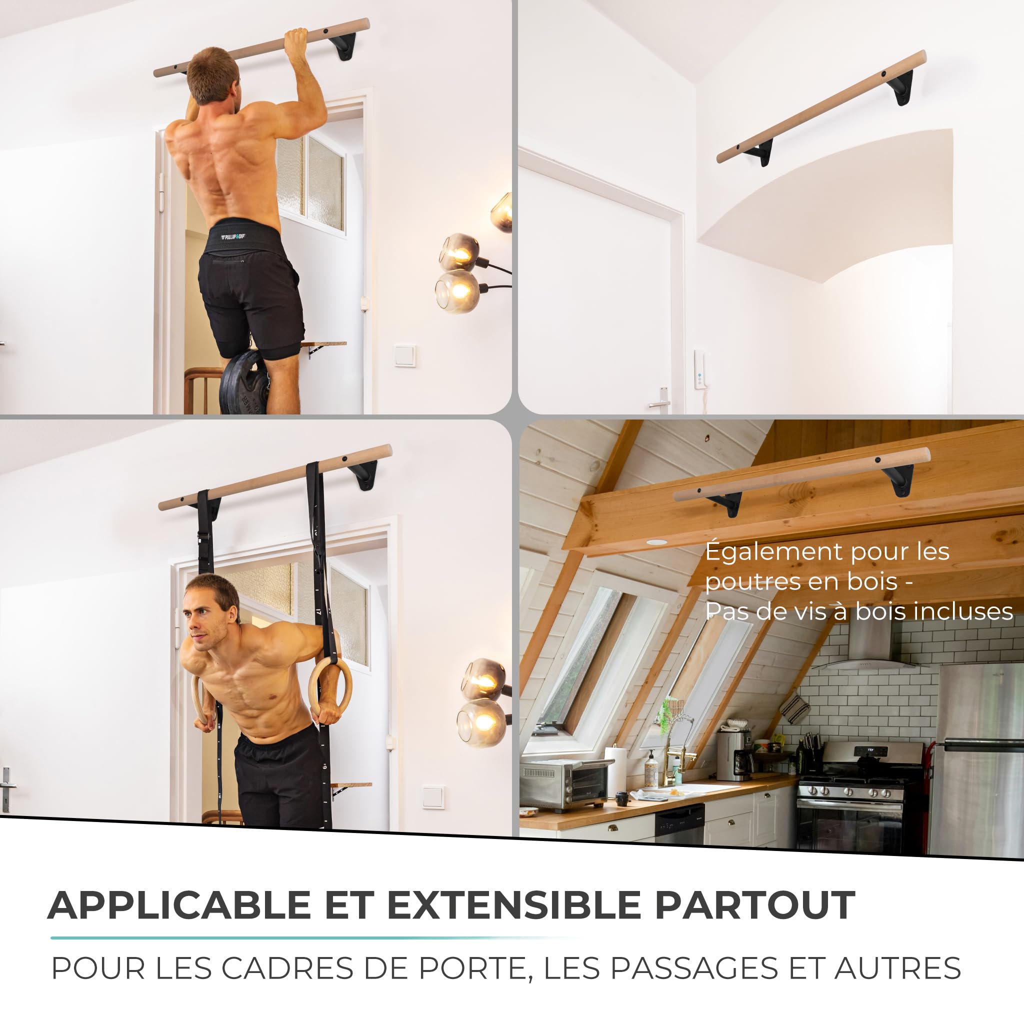 PULLUP & DIP Barre de traction en bois – Barre en hêtre à fixer au mur au-dessus d’un cadre de porte – Barre 40 mm pour tractions & renforcement de la prise – Barre de traction murale pour home gym