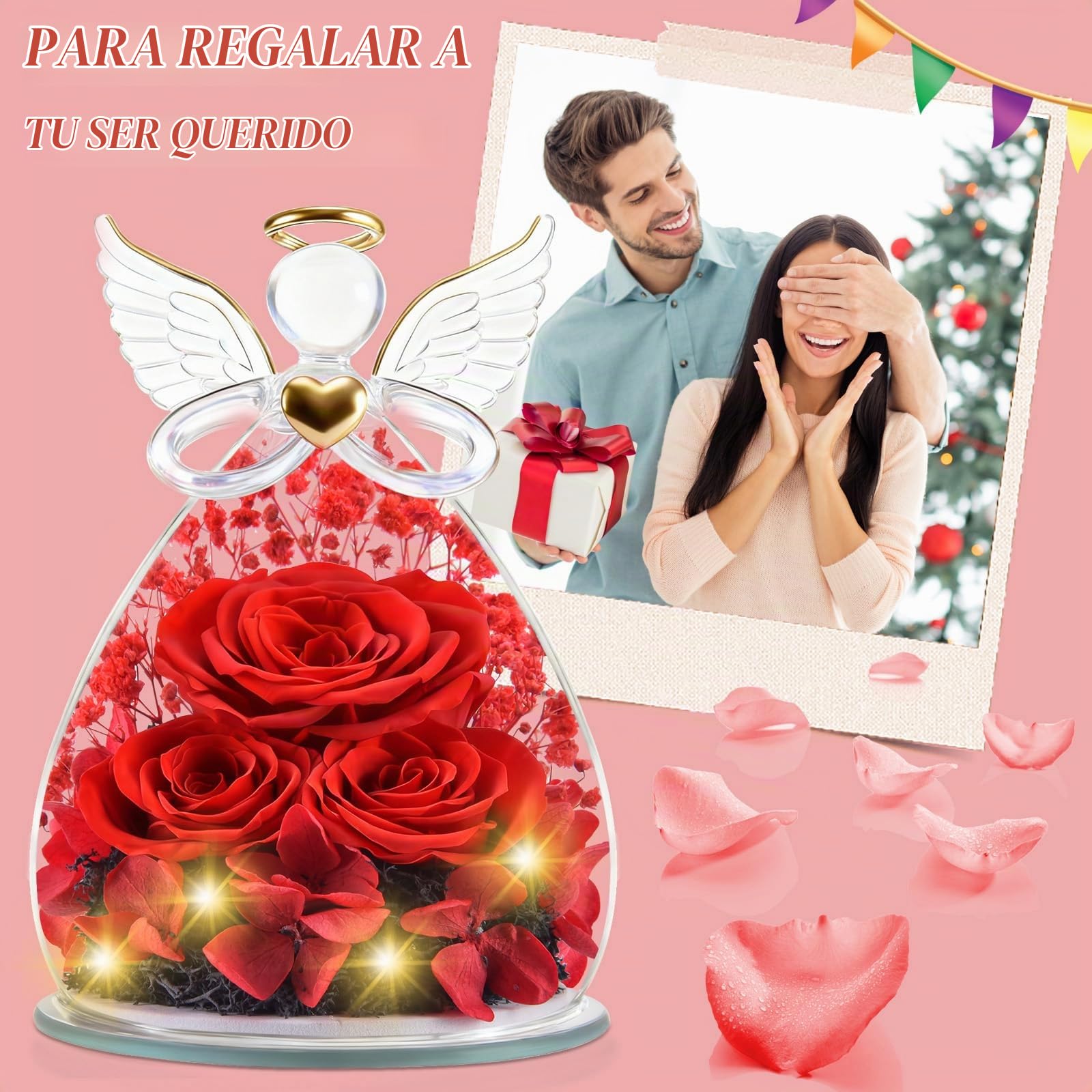 Regalos Navidad de Angel para Mamá Ella, Rosa Eterna en Cúpula de Cristal de Angel Flores Preservadas, Eterna Regalos Navidad Mama Abuela San Valentín Dia De la Madre Aniversario Pareja