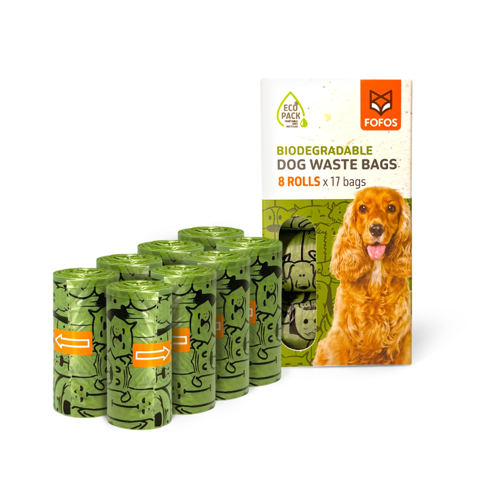BarkButler x FOFOS Poop Bag Refills – Compostable Pet Waste Bags, Leakproof & Durable Dog Poop Bags (8 Rolls, 136 Bags) – Green
