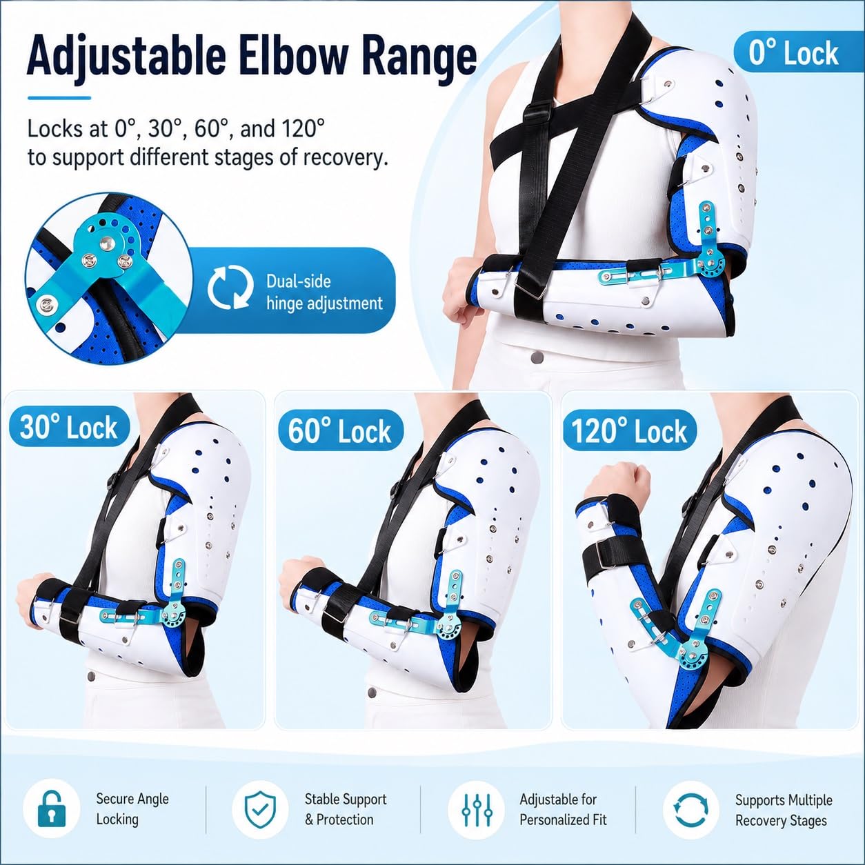 Codo Articulado ROM Ajustable Inmovilizador de Brazo Postoperatorio con Soporte de Hombro para Fracturas Cirugía Túnel Cubital Lesiones de Ligamentos y Tendones(Bien)