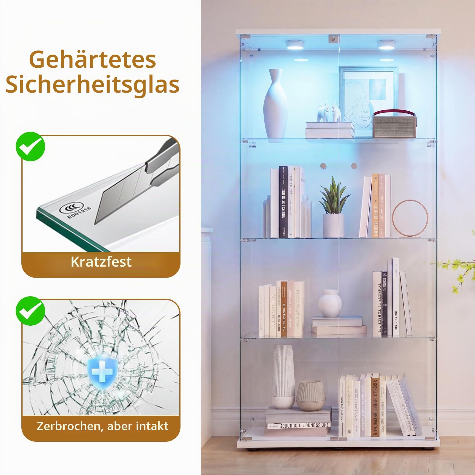 DADEA Glasvitrine 4 Etagen mit 2 Türen, Glassvitrinenschrank mit Spiegel, Glasvitrine Stehend mit Licht und Schloss Vitrinenschrank Spiegel Curio Schrank Glas Vitrine mit LED Glasvitrinen Schrank