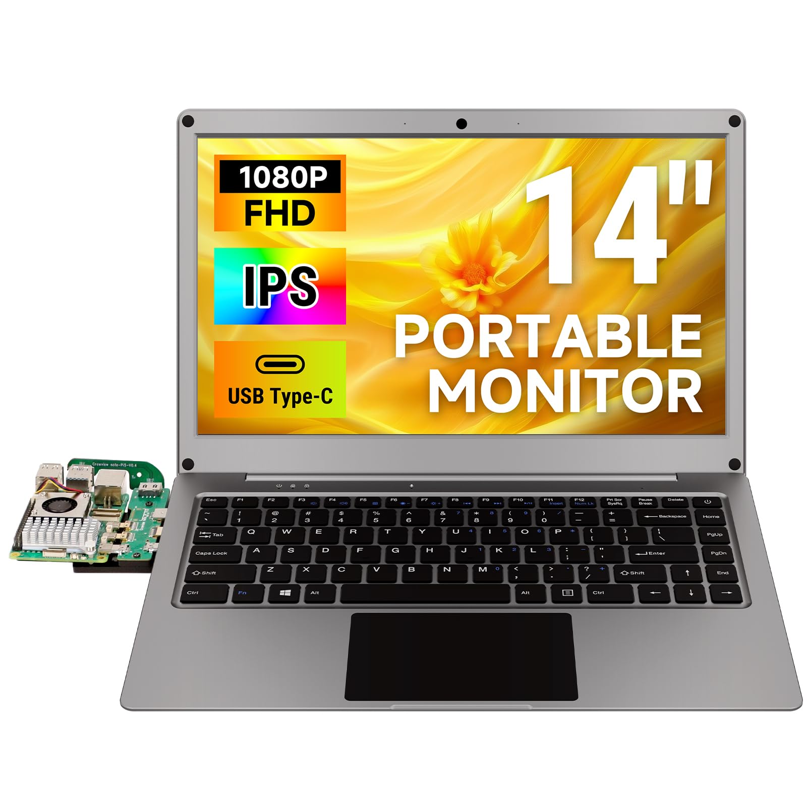 ELECROW Monitor Portatile 14 Pollici con Tastiera, Lapdock con Batteria Integrata, Display 1080P FHD IPS USB-C per Raspberry Pi, PC, Mac, Phone, Console