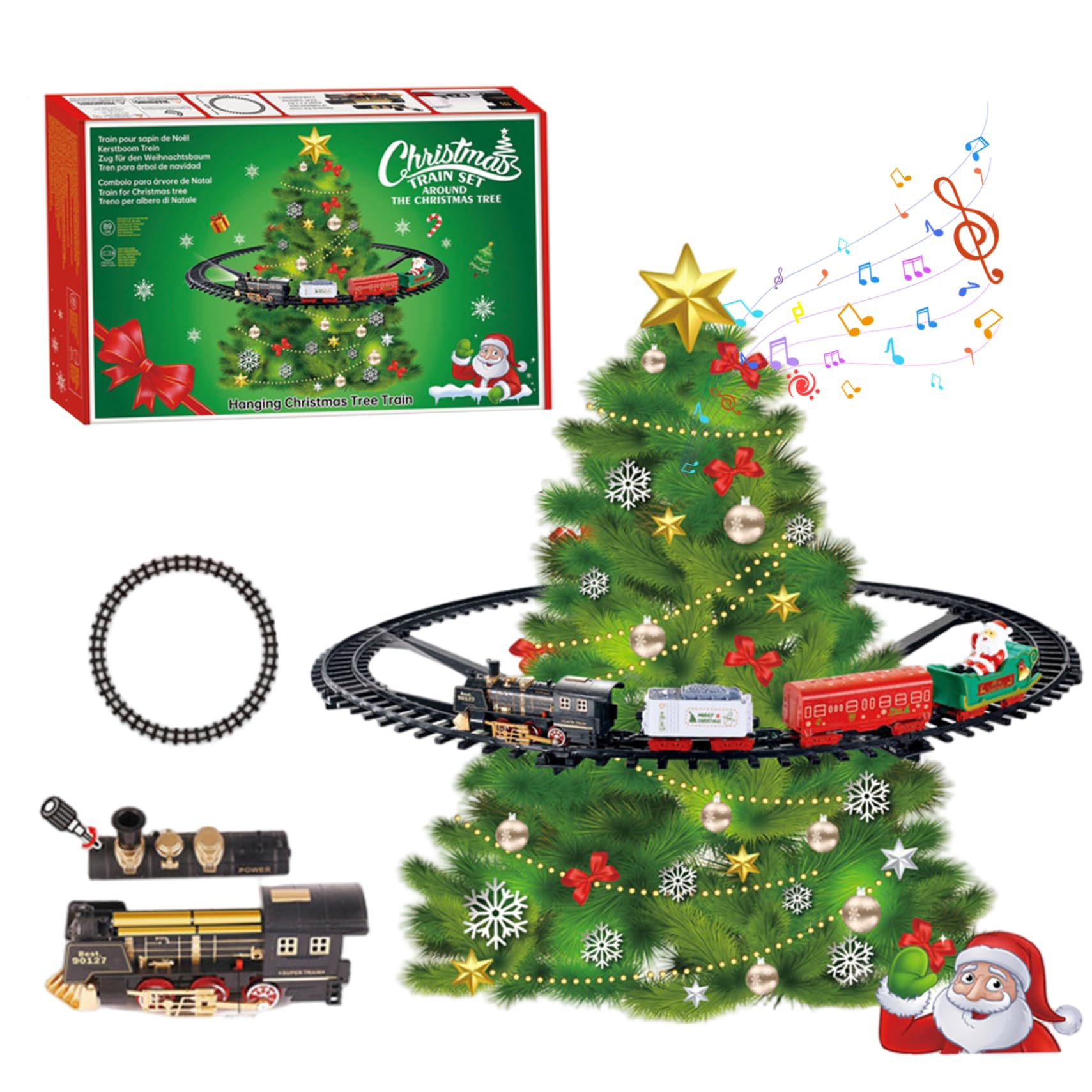 Jorzer Juego de Tren de Navidad Luz y Sonido Árbol de Navidad Festivo Tren Diversión eléctrica Sin árbol Juego de Juguete.