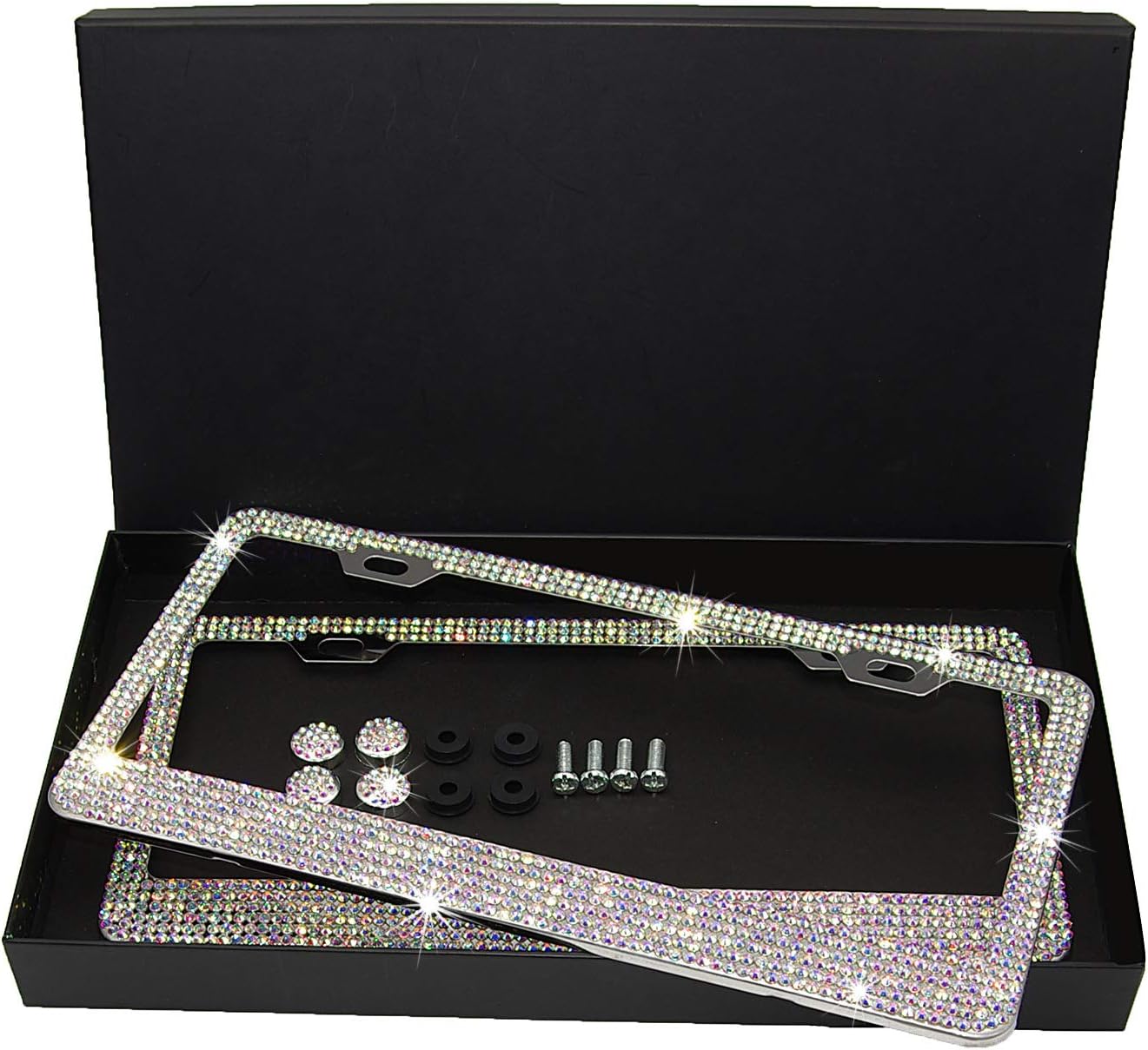 Bling License Plate Frame,Sparkly Rhinestones 2 Square Holes Shiny Waterproof Handcrafted Crystal 2 Pack in 1 Luxury Gift Box (AB)