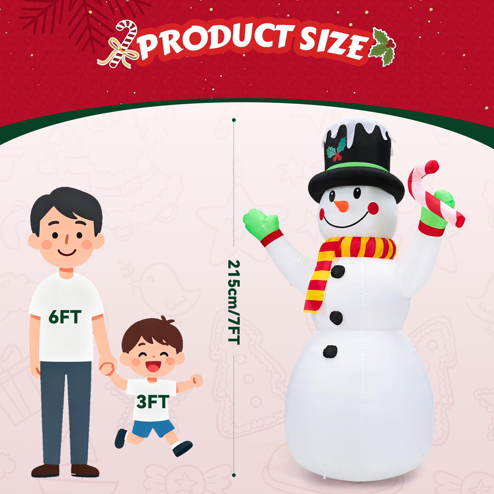 Warmiehomy Bonhomme de neige gonflable de 210 cm, bonhomme de neige géant avec béquille, décorations de Noël gonflables, décoration de Noël extérieure pour jardin, centre commercial d'expédition