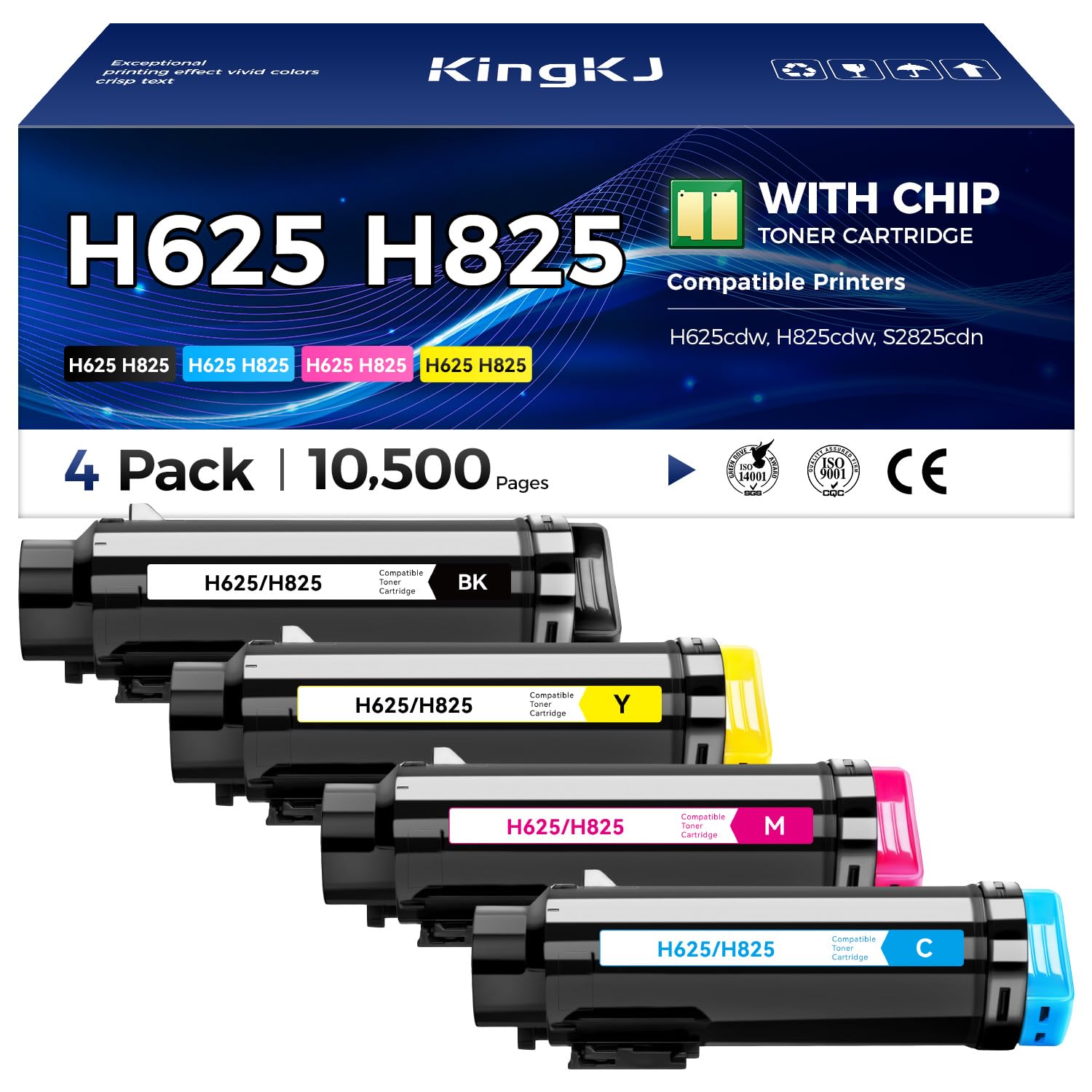 H625 H825 S2825 Toner Cartridge Set 4-Pack Black Cyan Magenta Yellow Replacement for Dell 593-BBOW 593-BBOX 593-BBOY 593-BBOZ Compatible with Dell H625cdw H825cdw S2825cdn Laser All-in-One Printer Ink