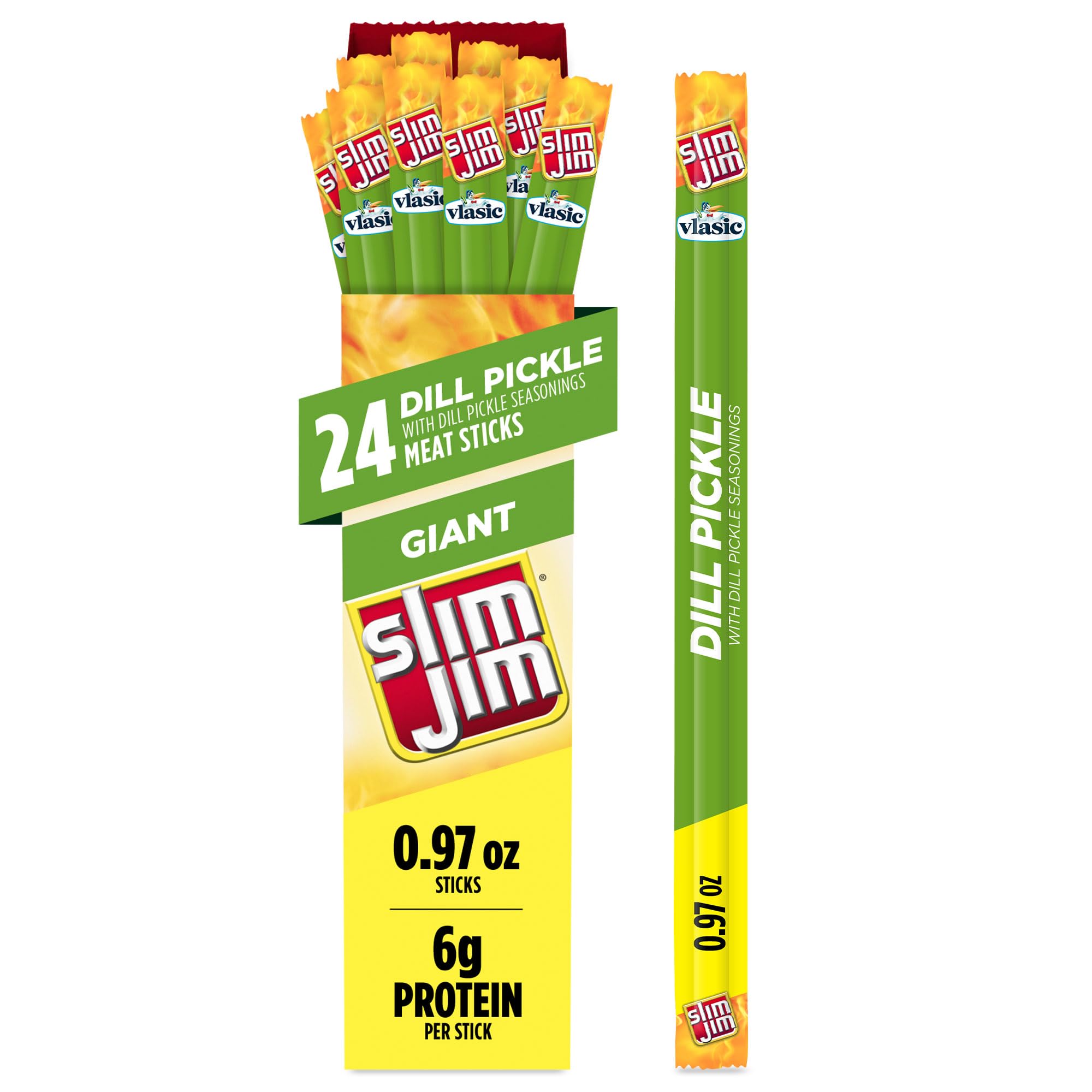 Slim Jim Giant Smoked Meat Sticks, Vlasic Dill Pickle Flavor, 6g Protein Per Stick, 0.97 oz. (24 Count)