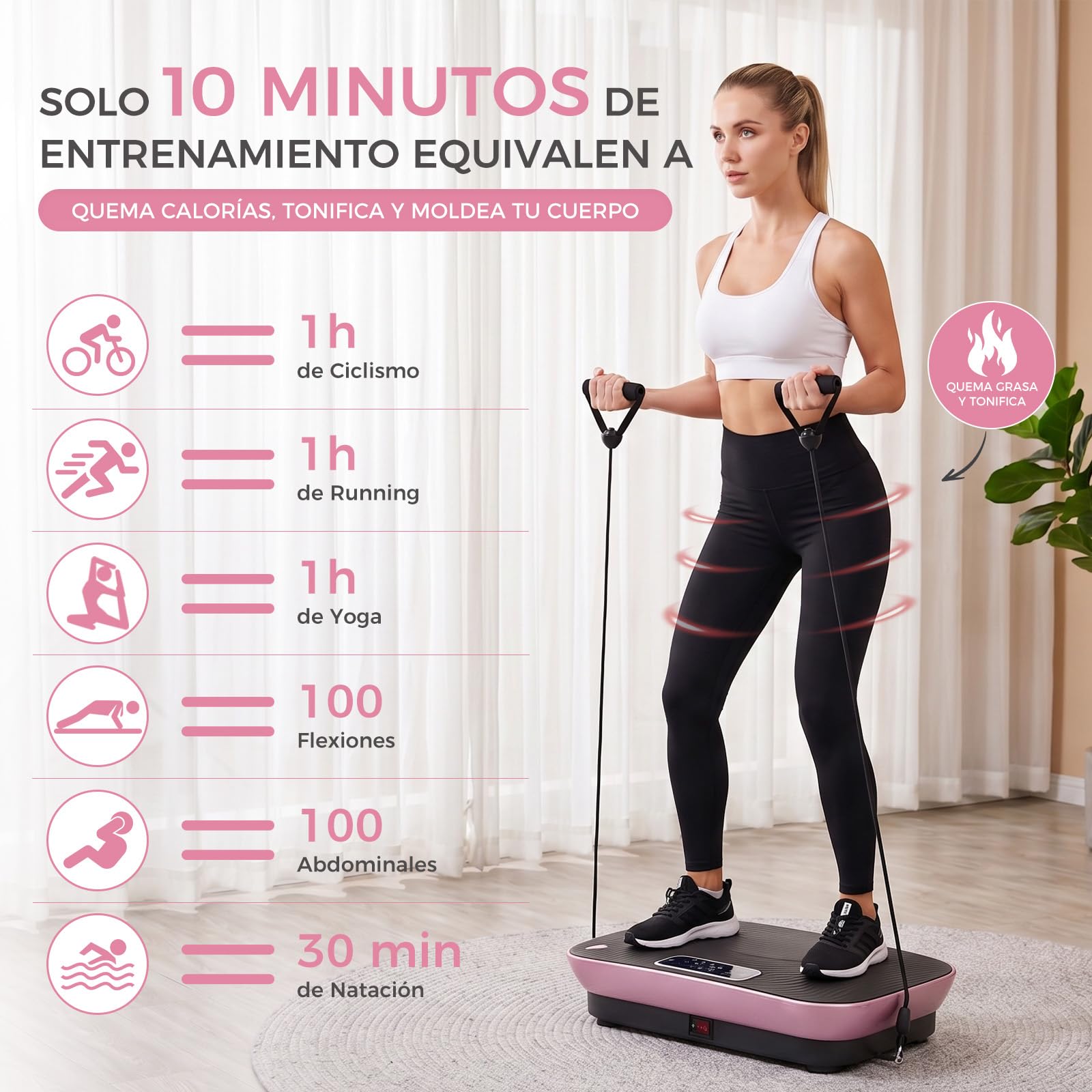 Plataforma Vibratoria Fitness, Máquina Vibratoria para Adelgazar con Bluetooth, Masaje Magnético, Base XL 57cm, Soporta 300 LB, con Bandas