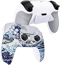 eXtremeRate Luna Redesigned The Great Wave Front Shell Touchpad Compatible with ps5 Controller BDM-010 BDM-020 BDM-030, White Rubberized Grip 4 Back Buttons RISE4 Remap Kit for PS5 Controller BDM-030