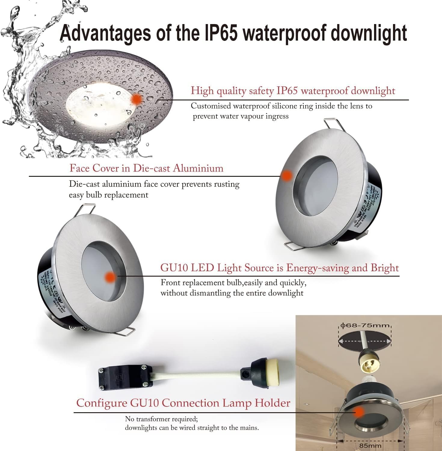 Spot Encastrable IP65, GU10 Downlight Plafond Encastrés à LED étanches Pour Salle de Bain et Cuisine (Ampoule Non Incluse) Trou Φ68mm Lot de 4