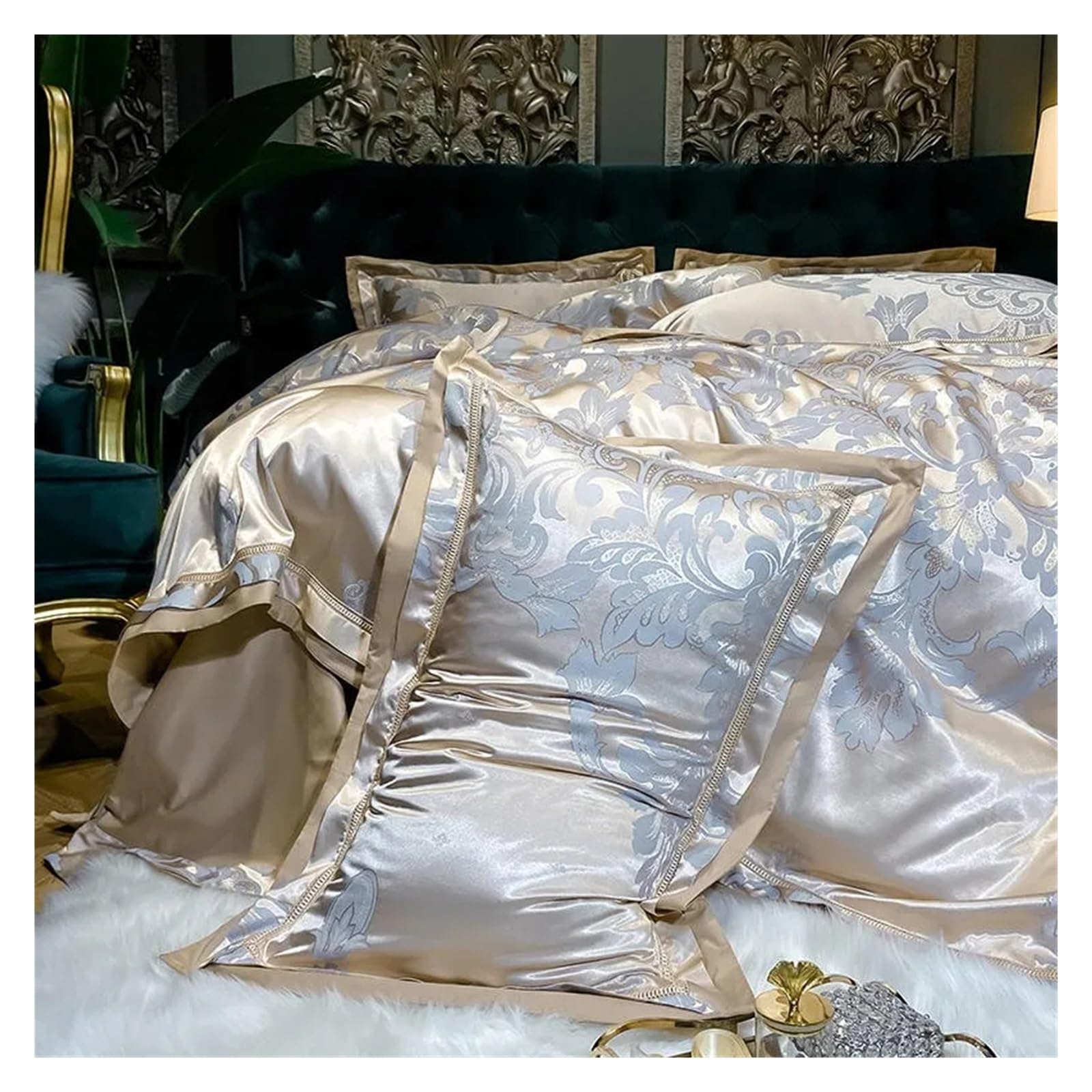 Sbcgfy B Duvet Cover Sets, Silk Sateen Cotton Delicate Duvet Cover Champagne Silver Silky Soft Edding Set 1 Ed Sheet1 Duvet Cover 2 Pillowcases,-Fitted Ed Sheet_queen 4Pcs