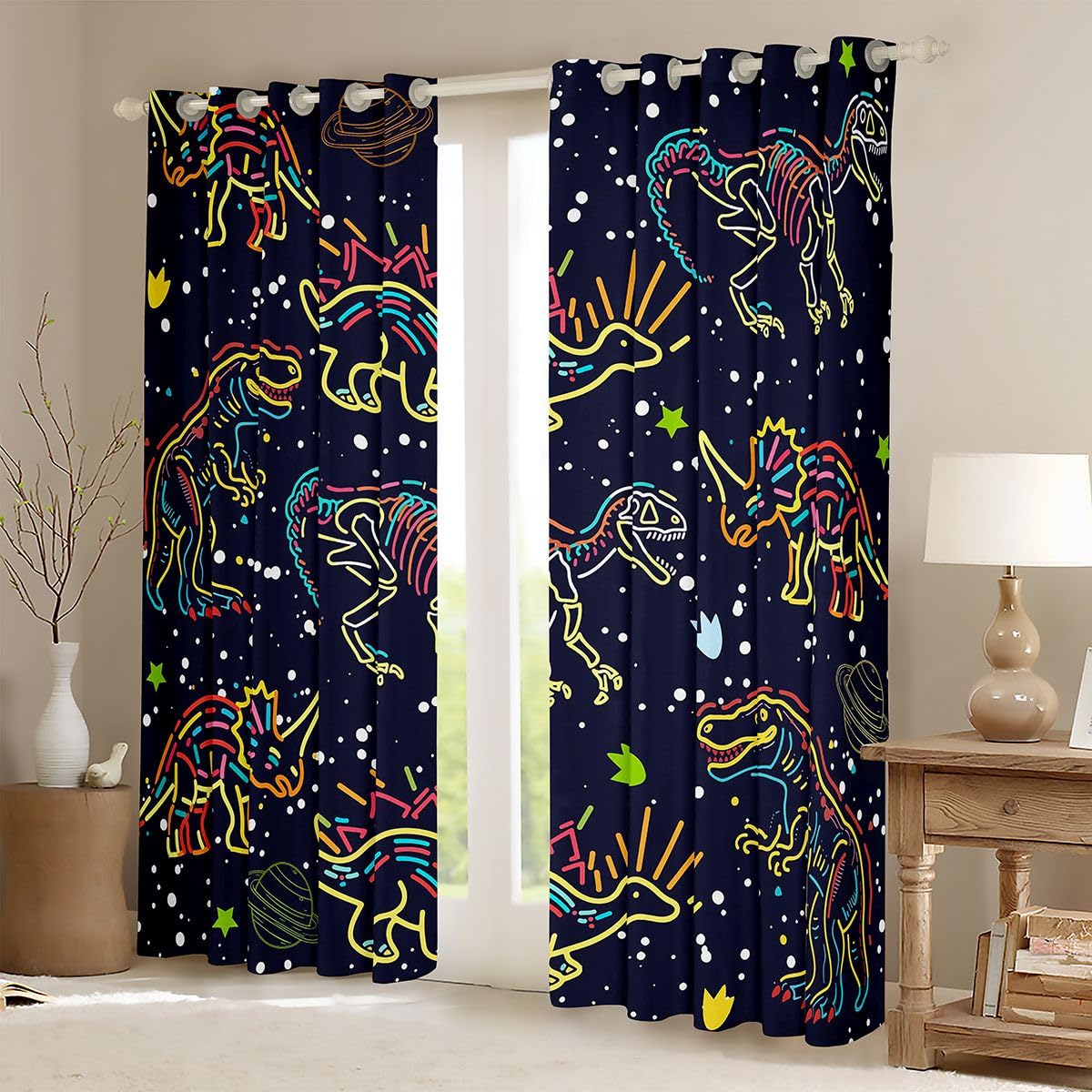 Homewish Rideau Occultant 117x183 cm Dinosaur,Rideau Ancient Animal,Rideaux Voilage Enfants Adolescents Mignon Neon Dinosaur,Voilage Fenetre Fluorescence Gradation pour Chambre Salon